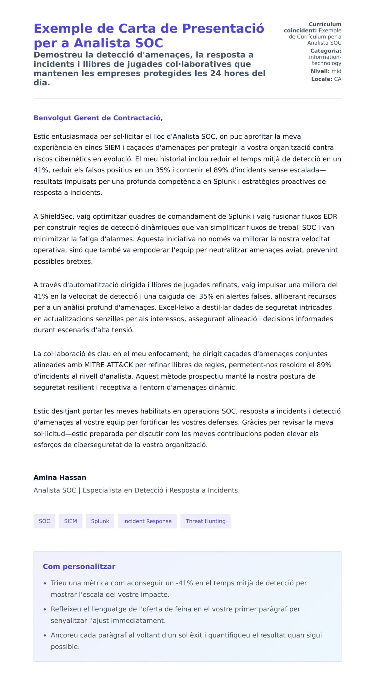 Previsualització de la carta de presentació per a Exemple de Carta de Presentació per a Analista SOC