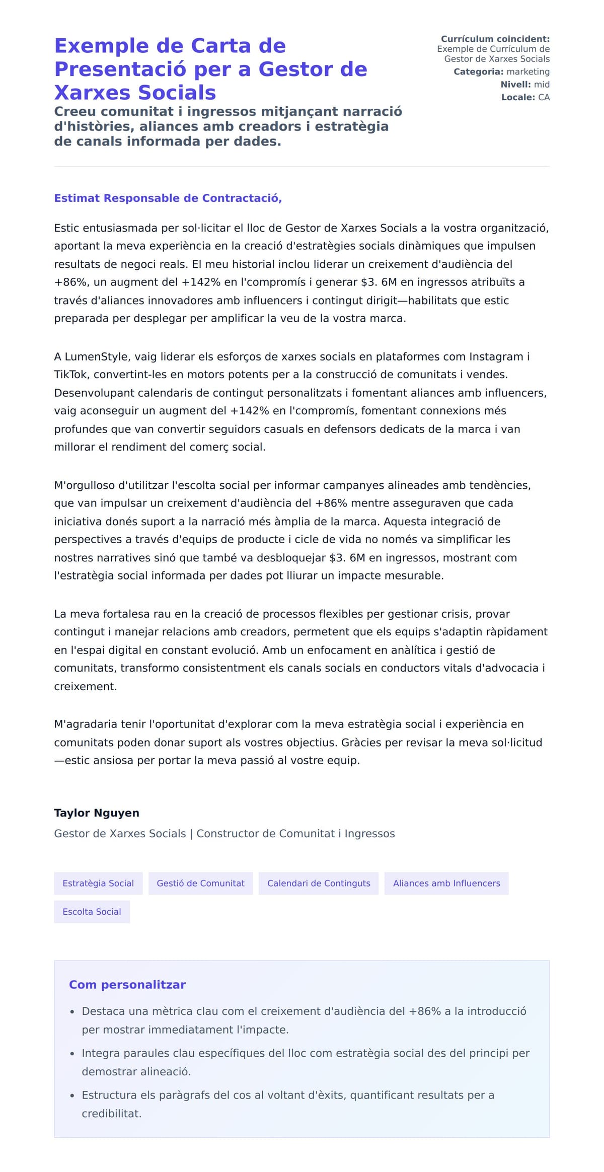 Previsualització de la carta de presentació per a Exemple de Carta de Presentació per a Gestor de Xarxes Socials