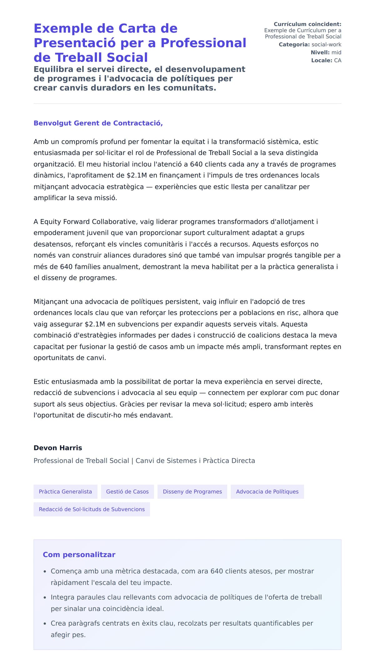 Previsualització de la carta de presentació per a Exemple de Carta de Presentació per a Professional de Treball Social