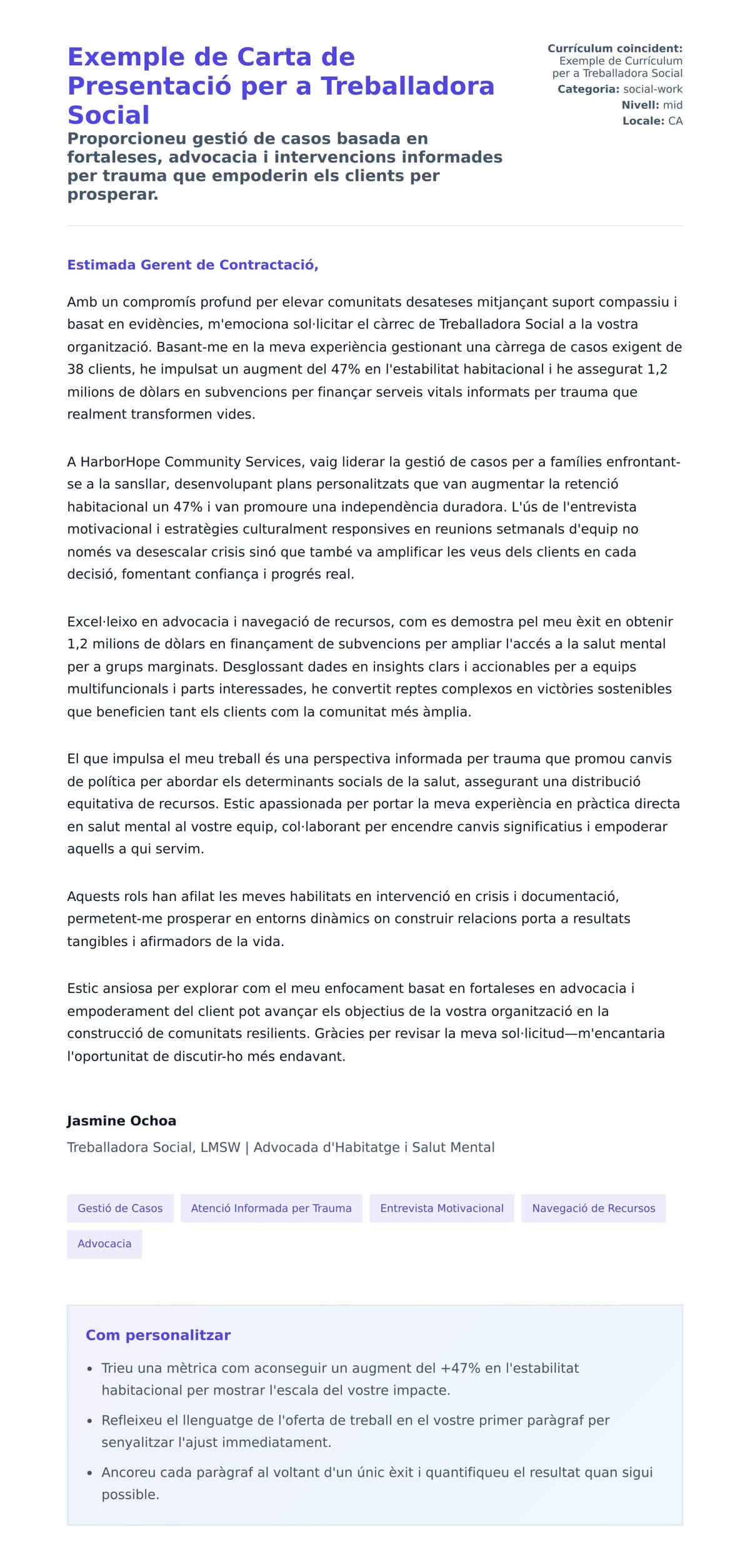 Previsualització de la carta de presentació per a Exemple de Carta de Presentació per a Treballadora Social