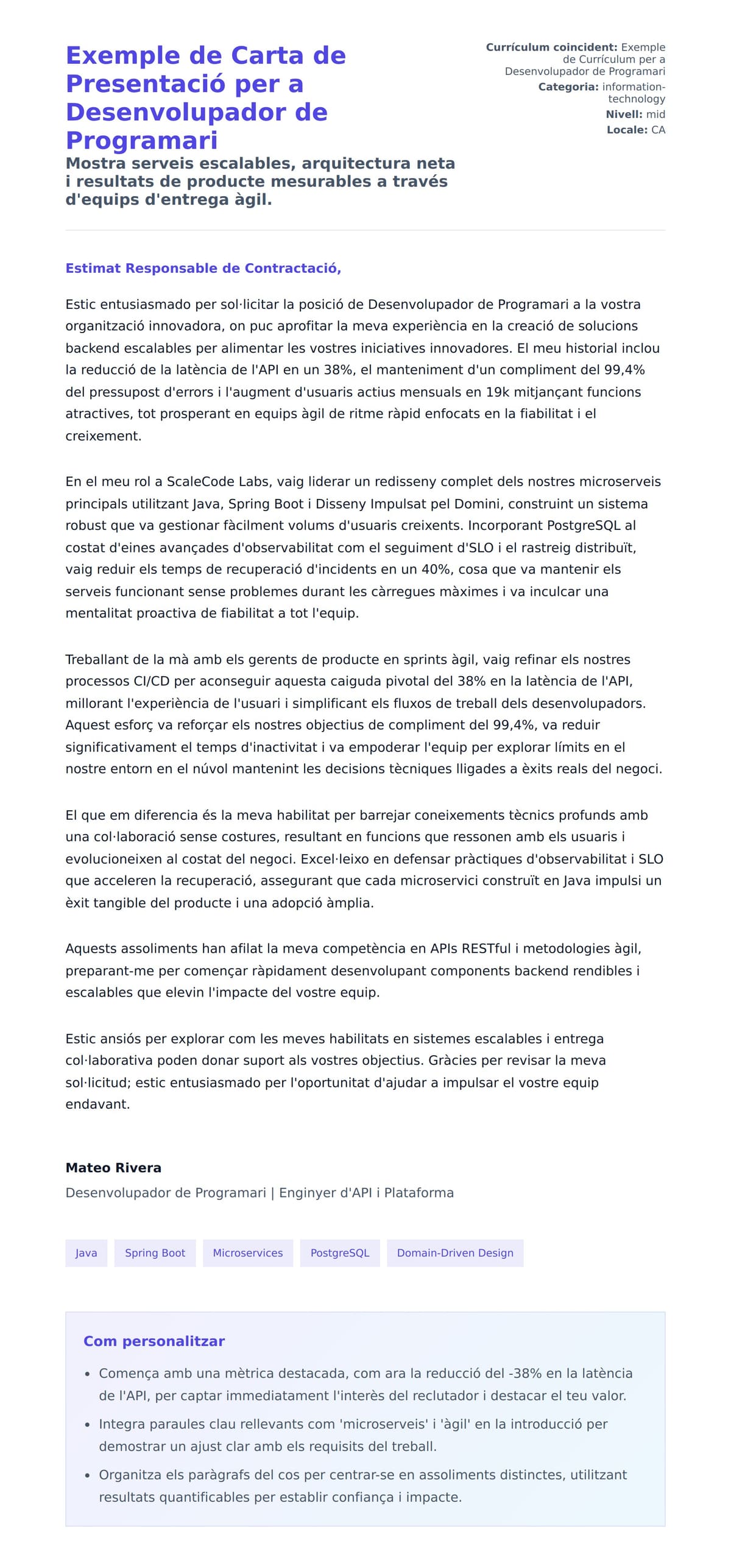 Previsualització de la carta de presentació per a Exemple de Carta de Presentació per a Desenvolupador de Programari