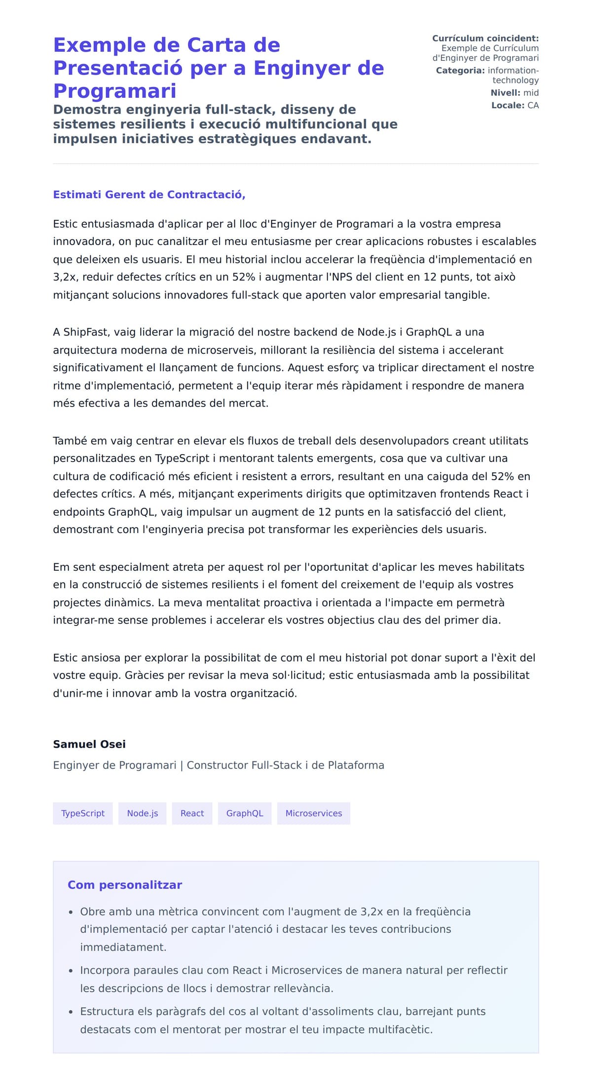 Previsualització de la carta de presentació per a Exemple de Carta de Presentació per a Enginyer de Programari
