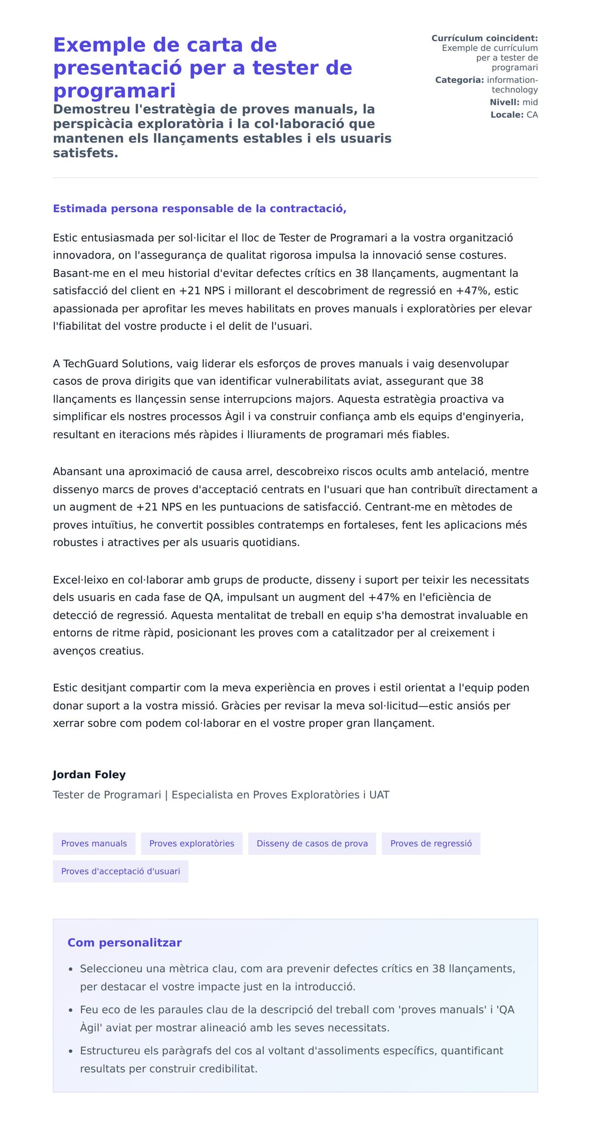 Previsualització de la carta de presentació per a Exemple de carta de presentació per a tester de programari