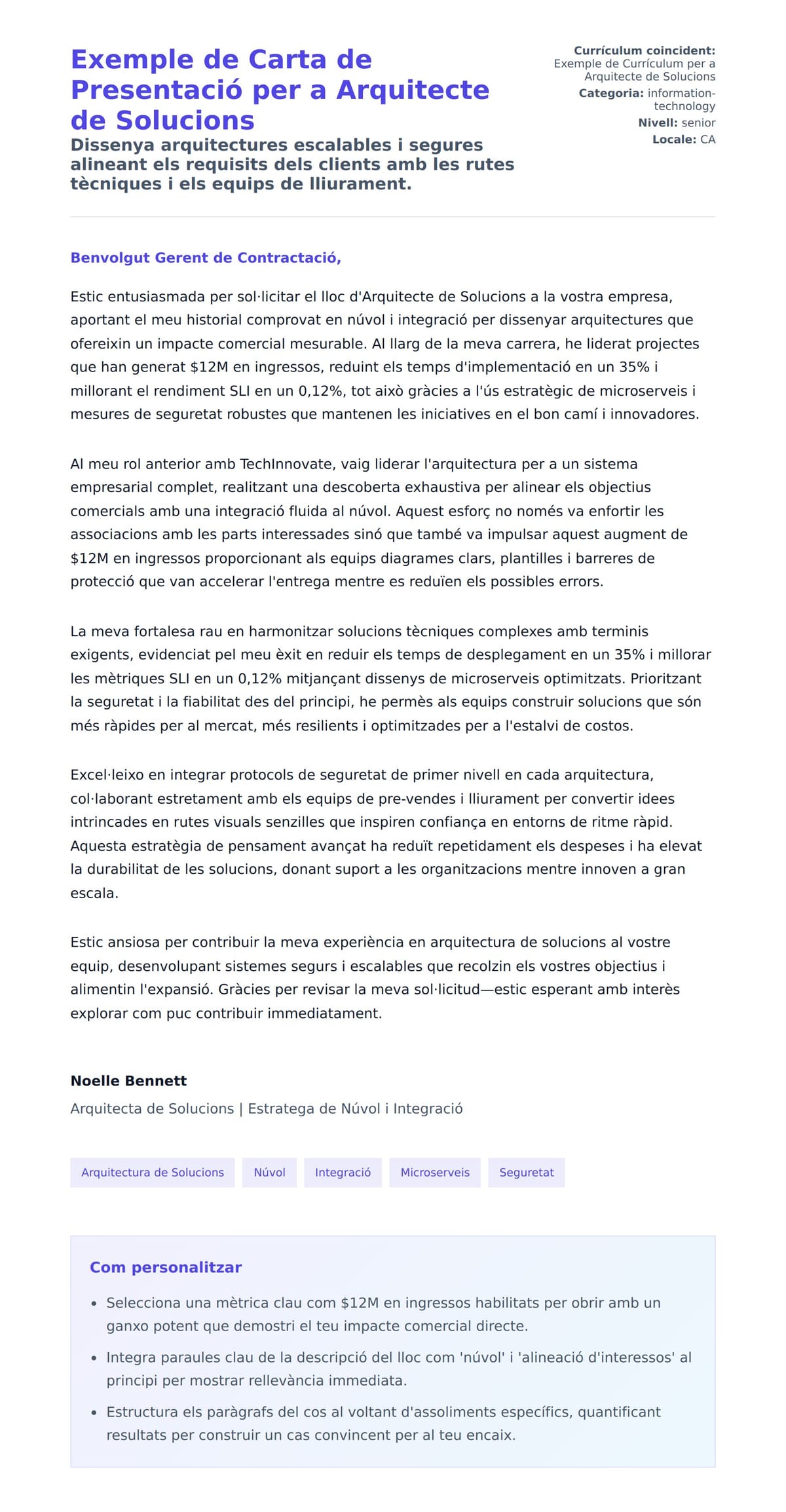 Previsualització de la carta de presentació per a Exemple de Carta de Presentació per a Arquitecte de Solucions