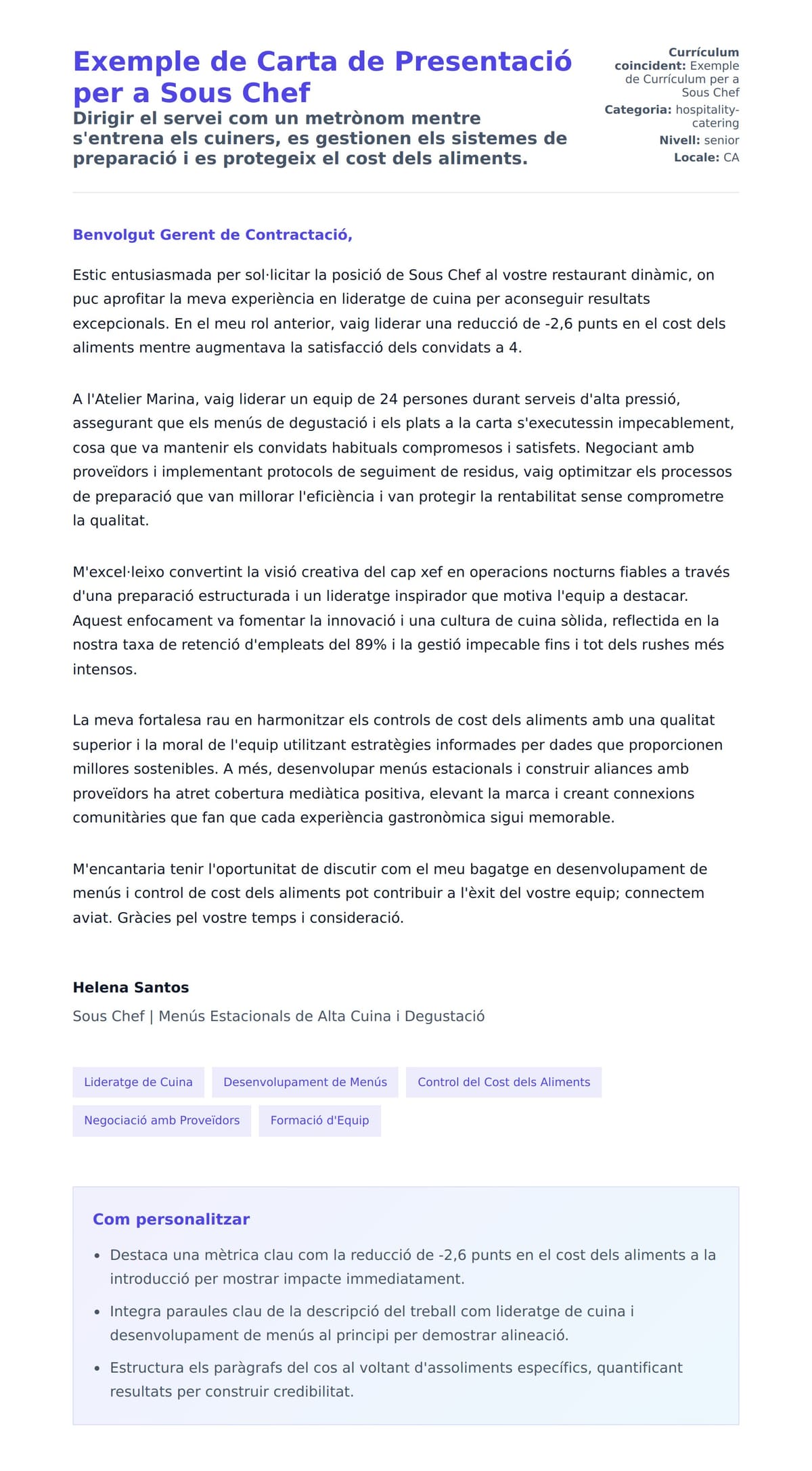 Previsualització de la carta de presentació per a Exemple de Carta de Presentació per a Sous Chef