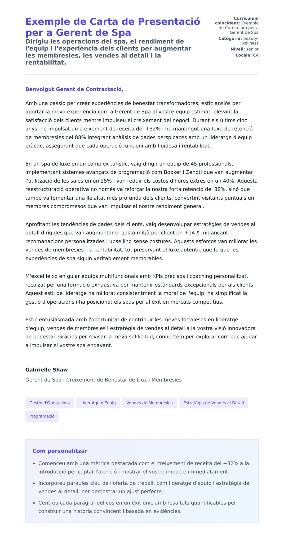 Previsualització de la carta de presentació per a Exemple de Carta de Presentació per a Gerent de Spa