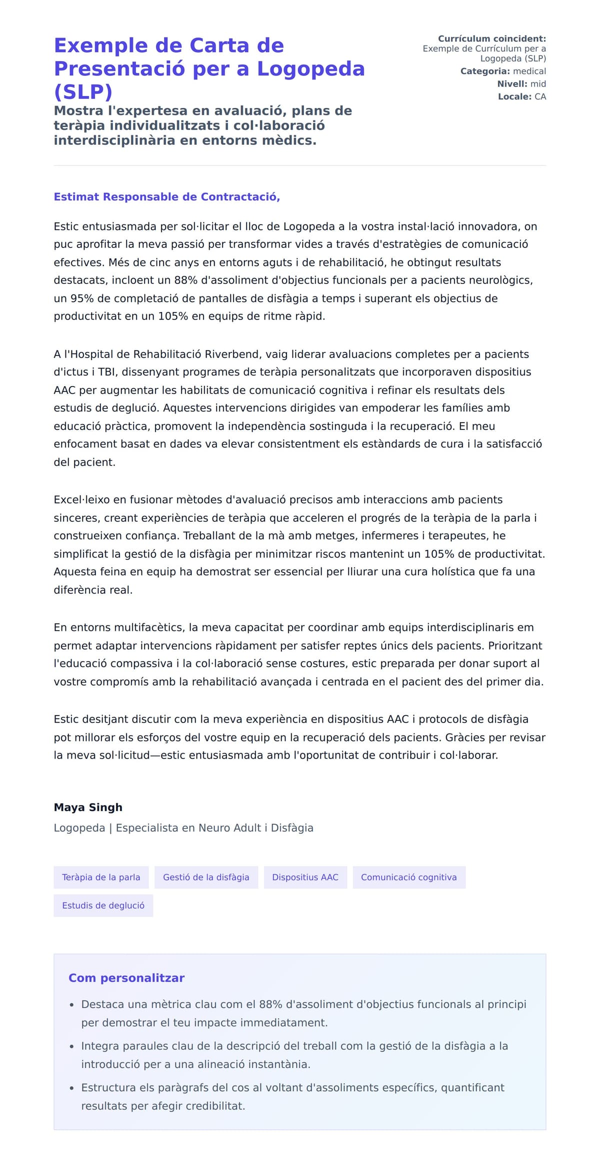 Previsualització de la carta de presentació per a Exemple de Carta de Presentació per a Logopeda (SLP)