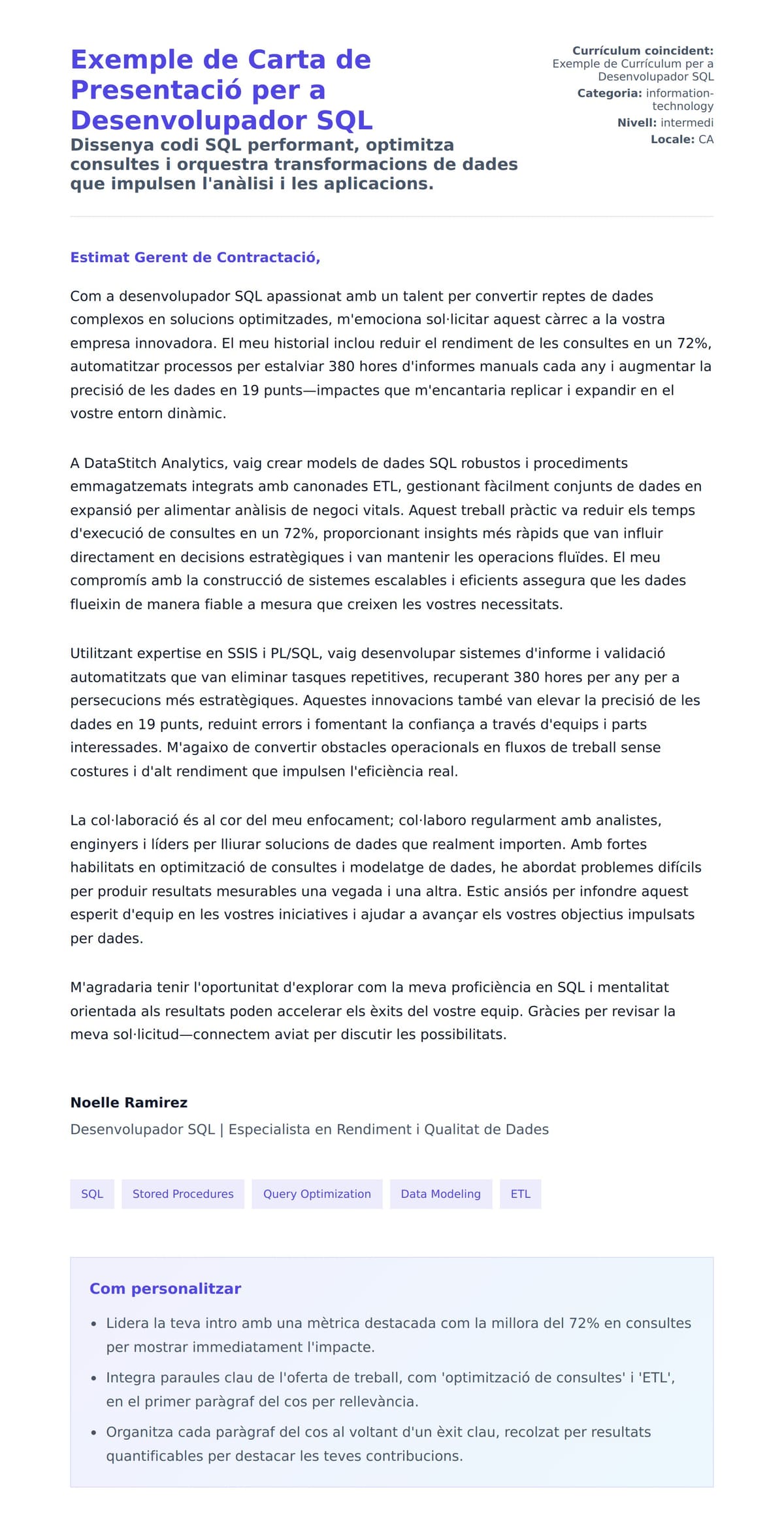 Previsualització de la carta de presentació per a Exemple de Carta de Presentació per a Desenvolupador SQL