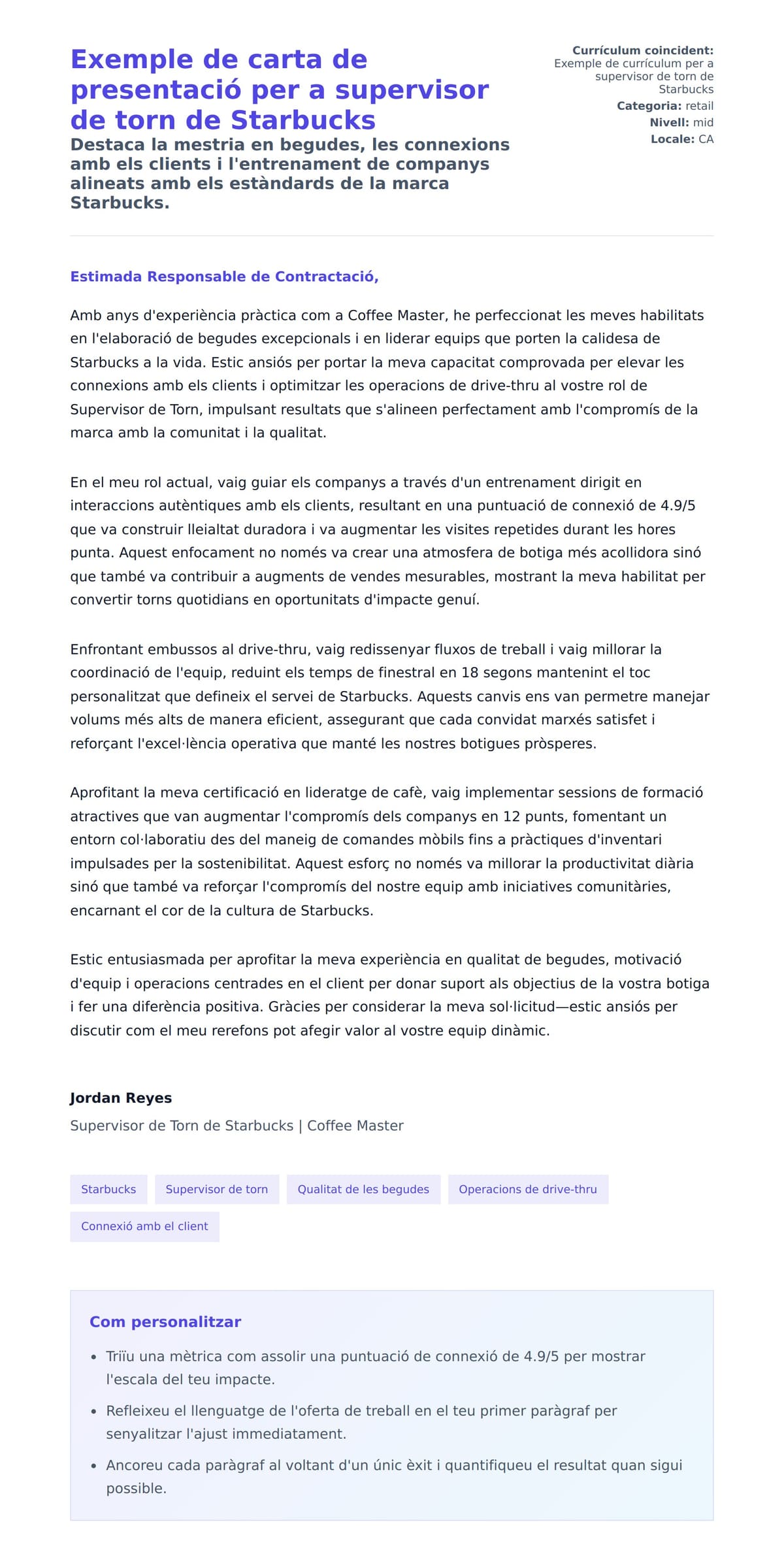 Previsualització de la carta de presentació per a Exemple de carta de presentació per a supervisor de torn de Starbucks