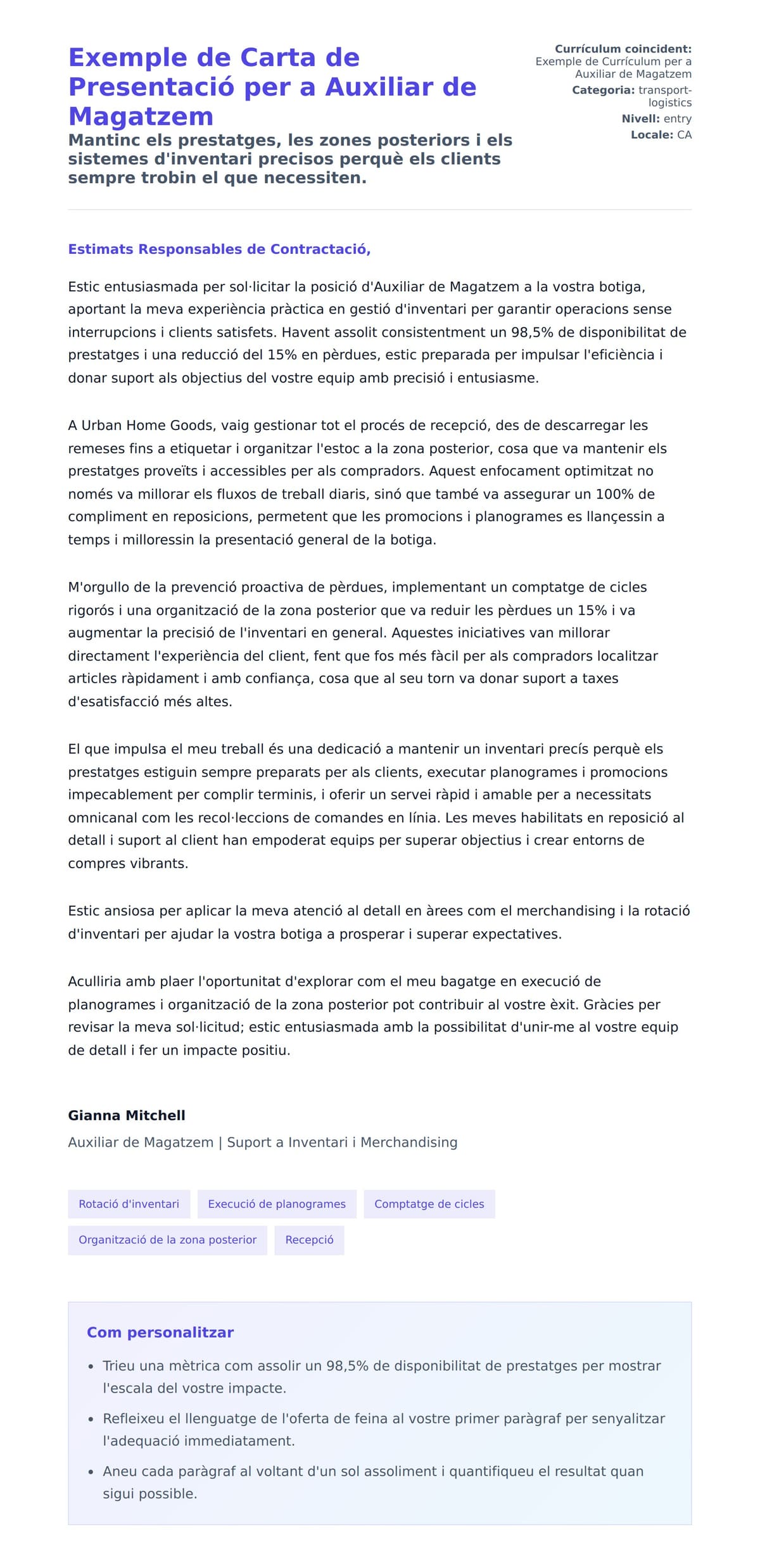 Previsualització de la carta de presentació per a Exemple de Carta de Presentació per a Auxiliar de Magatzem