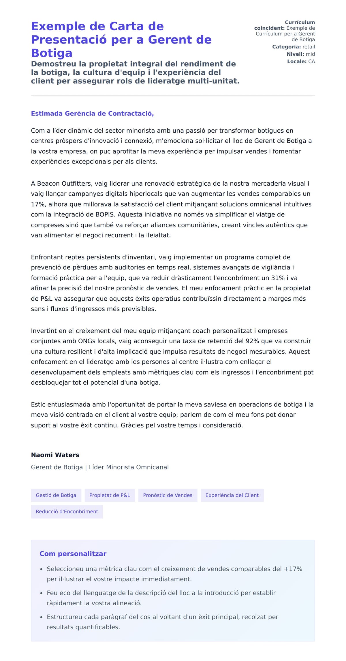 Previsualització de la carta de presentació per a Exemple de Carta de Presentació per a Gerent de Botiga