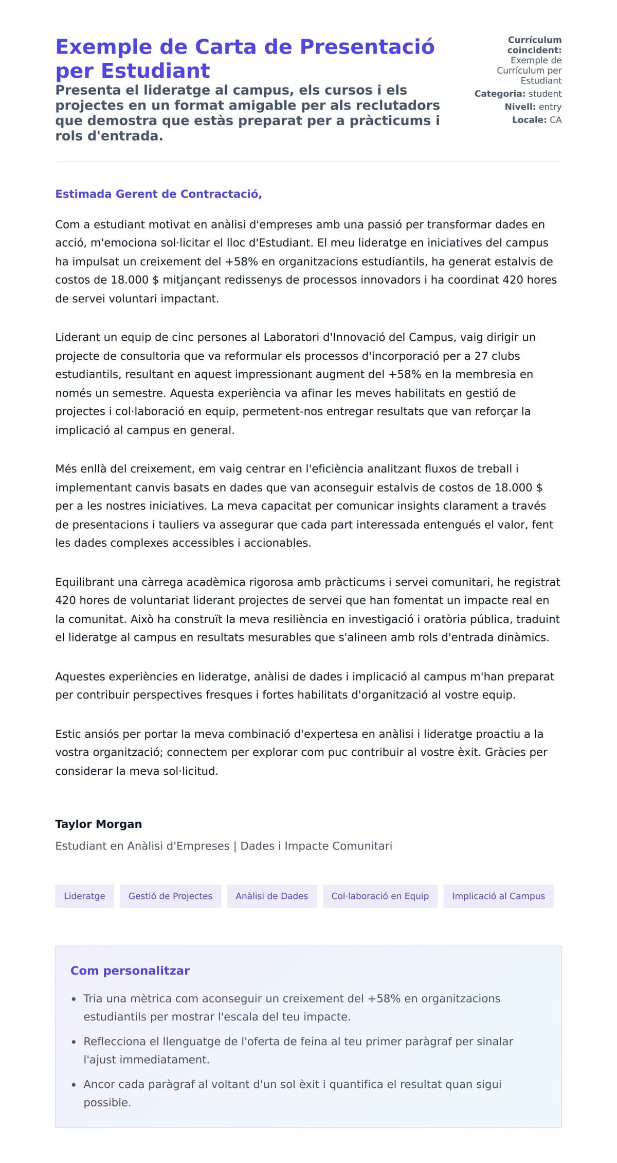 Previsualització de la carta de presentació per a Exemple de Carta de Presentació per Estudiant