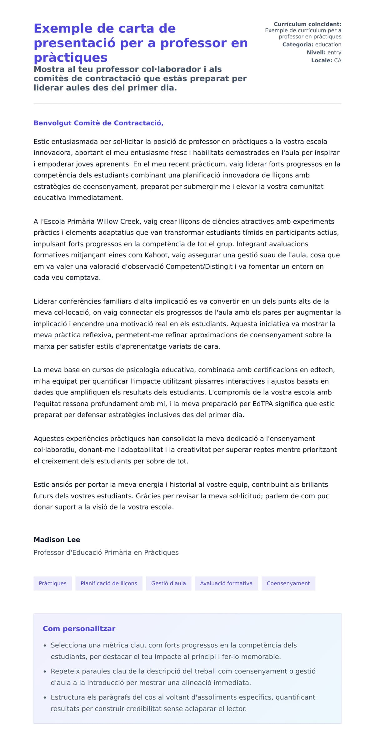 Previsualització de la carta de presentació per a Exemple de carta de presentació per a professor en pràctiques