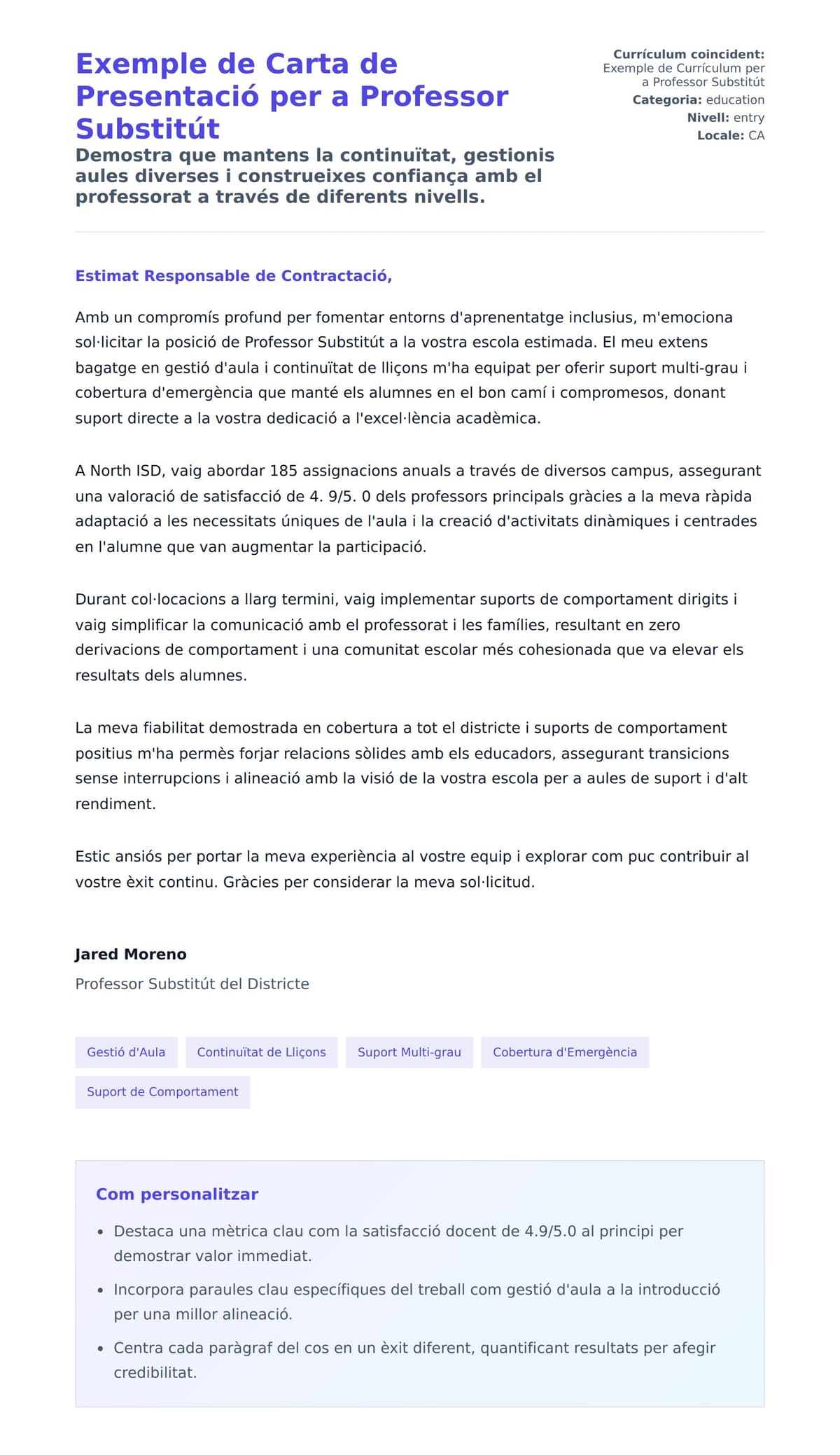 Previsualització de la carta de presentació per a Exemple de Carta de Presentació per a Professor Substitút