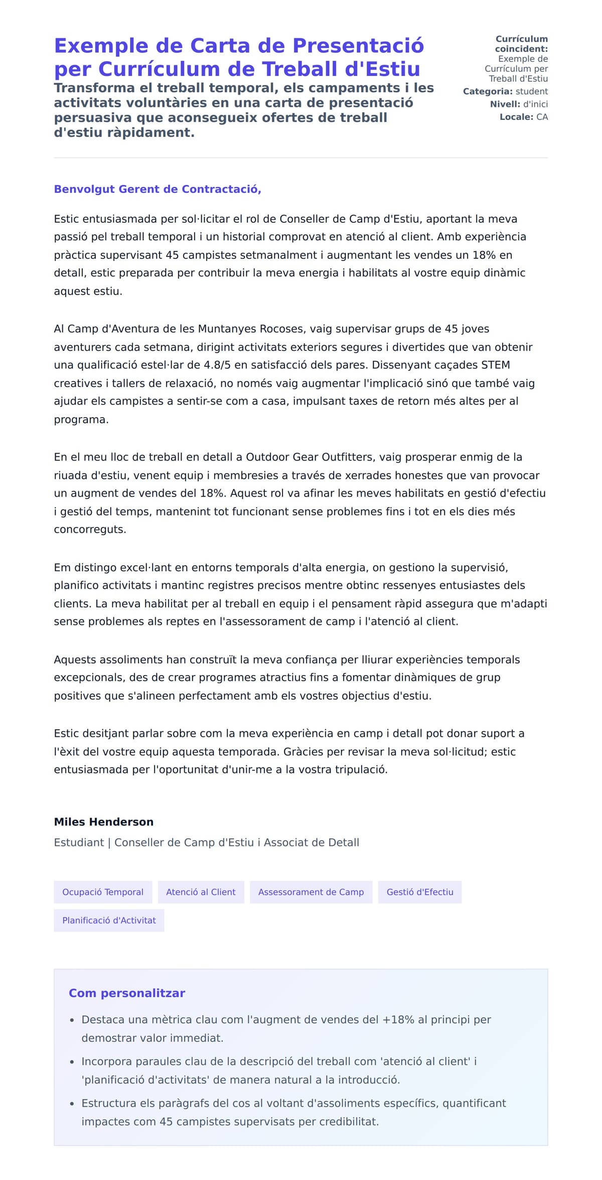 Previsualització de la carta de presentació per a Exemple de Carta de Presentació per Currículum de Treball d'Estiu