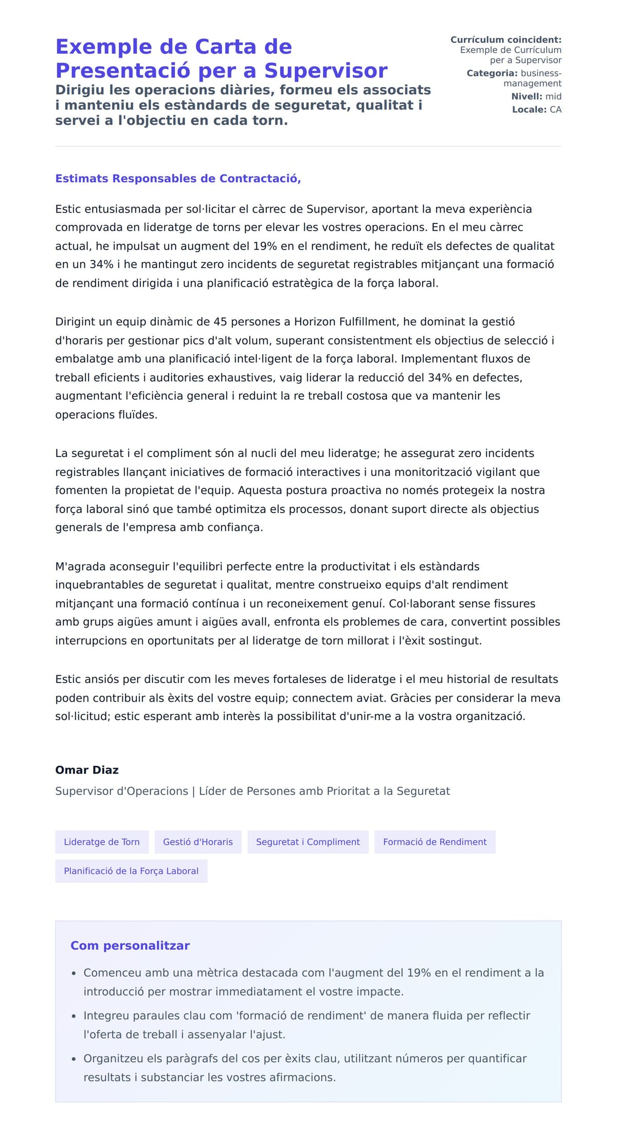 Previsualització de la carta de presentació per a Exemple de Carta de Presentació per a Supervisor