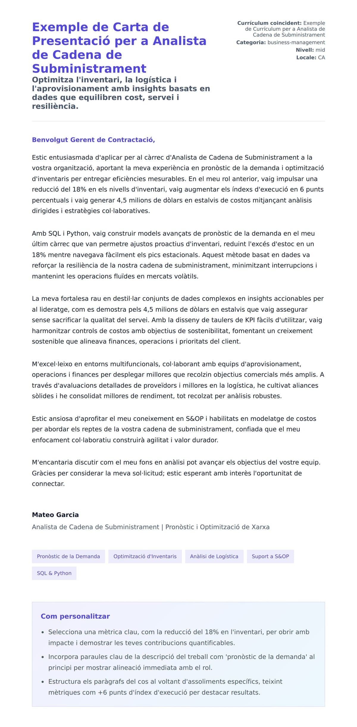 Previsualització de la carta de presentació per a Exemple de Carta de Presentació per a Analista de Cadena de Subministrament