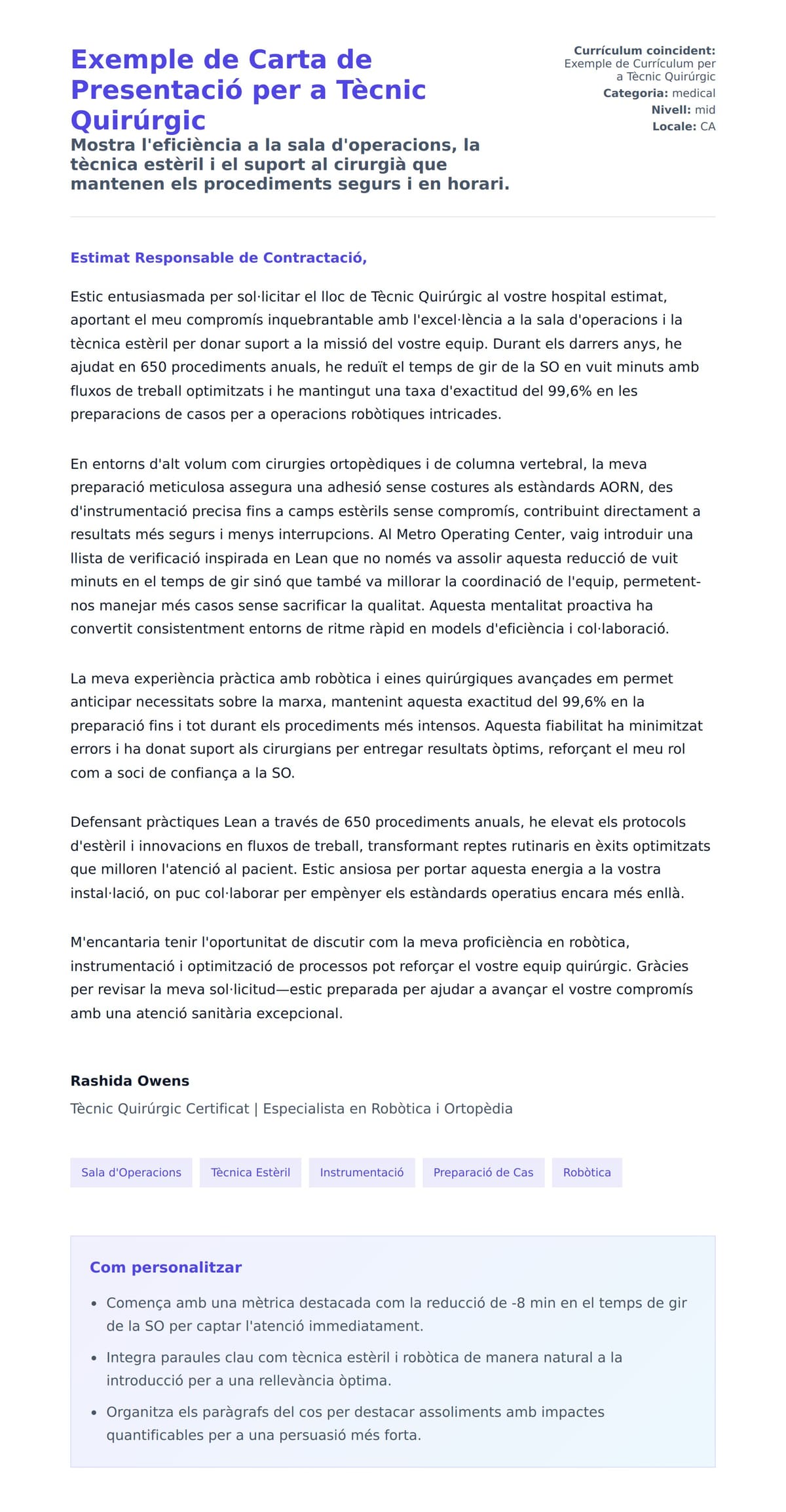 Previsualització de la carta de presentació per a Exemple de Carta de Presentació per a Tècnic Quirúrgic