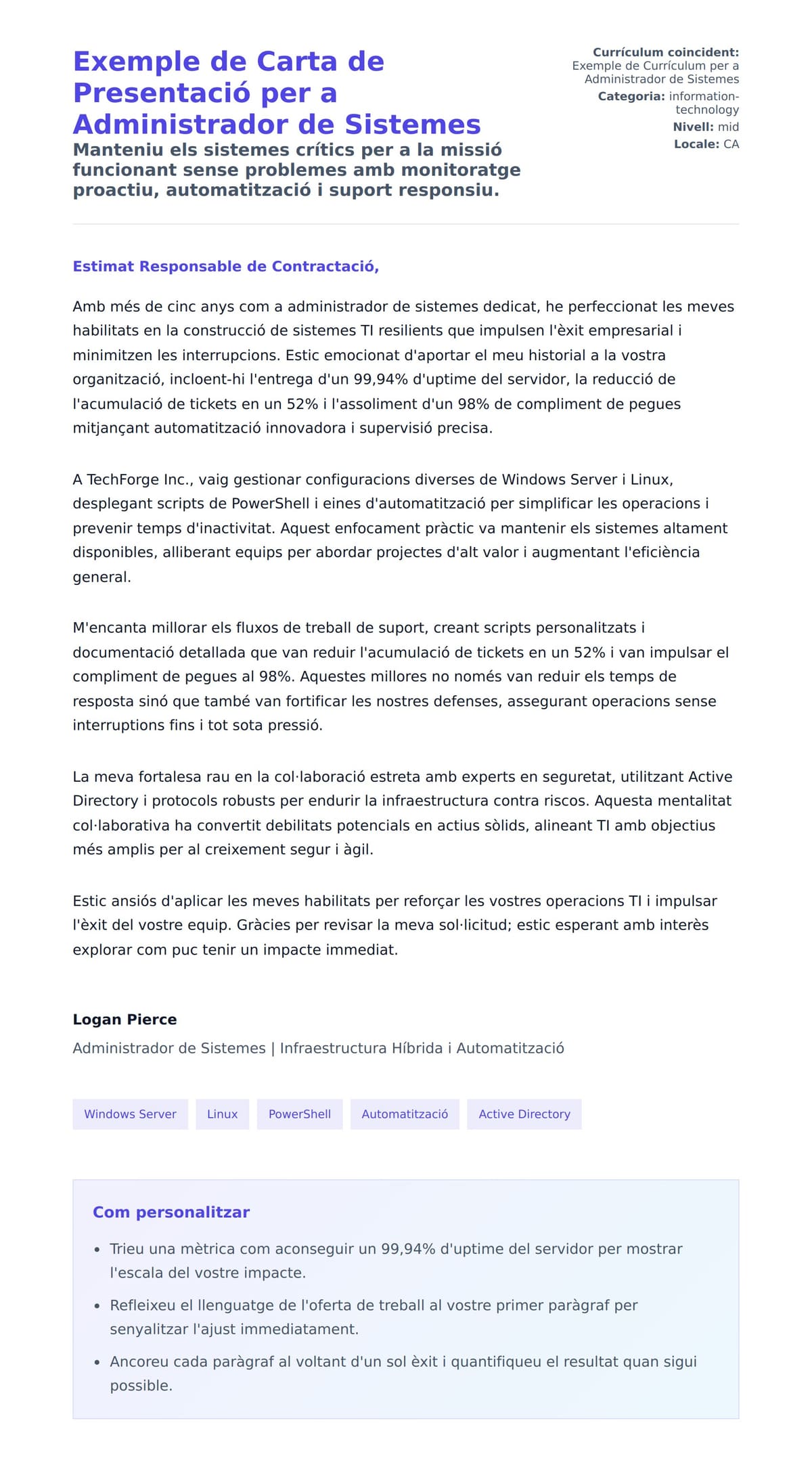 Previsualització de la carta de presentació per a Exemple de Carta de Presentació per a Administrador de Sistemes