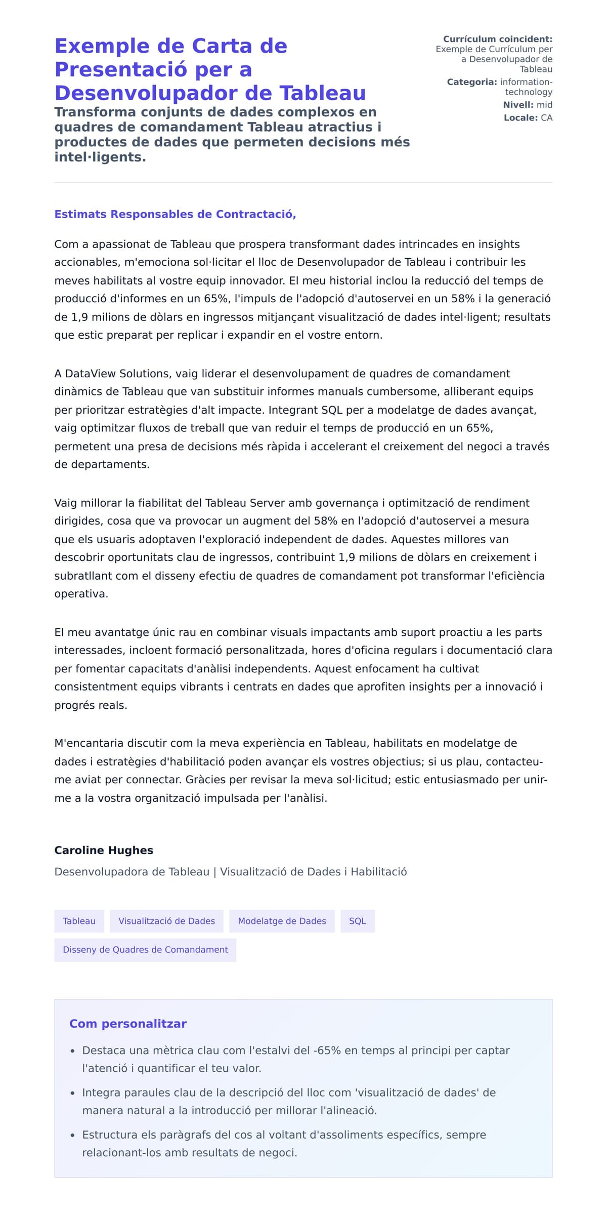 Previsualització de la carta de presentació per a Exemple de Carta de Presentació per a Desenvolupador de Tableau