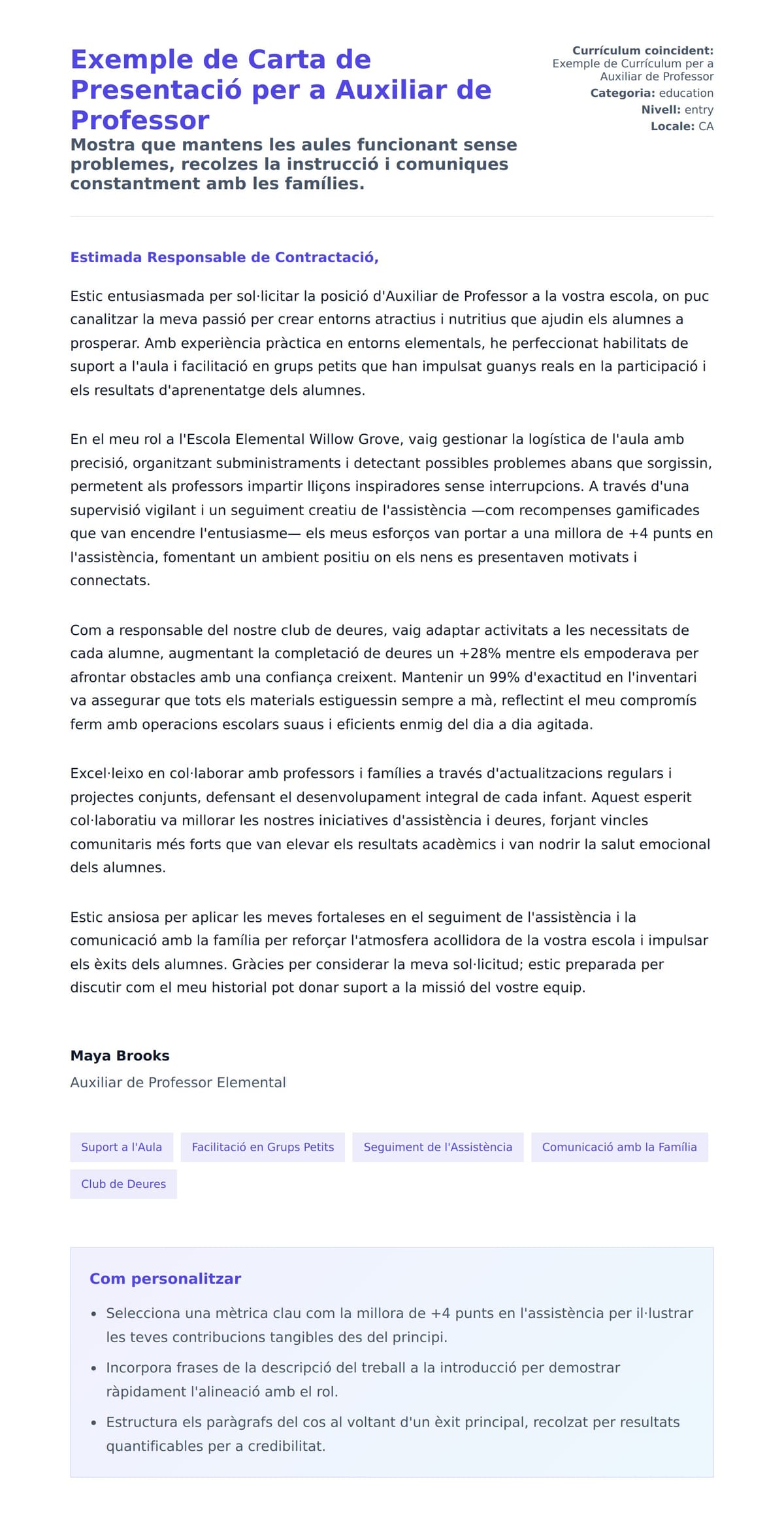 Previsualització de la carta de presentació per a Exemple de Carta de Presentació per a Auxiliar de Professor