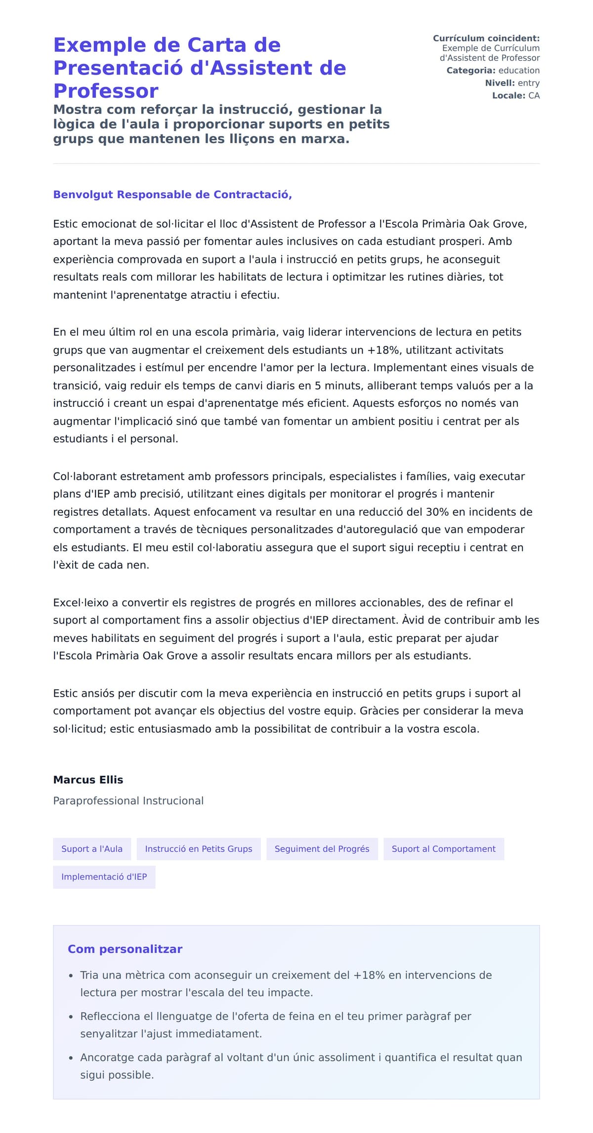Previsualització de la carta de presentació per a Exemple de Carta de Presentació d'Assistent de Professor