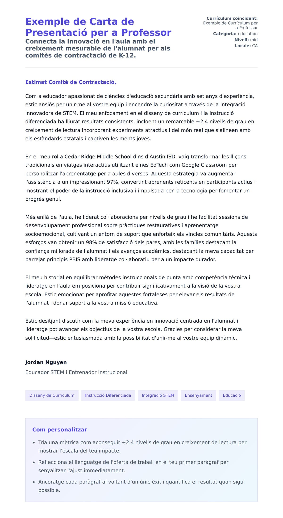 Previsualització de la carta de presentació per a Exemple de Carta de Presentació per a Professor