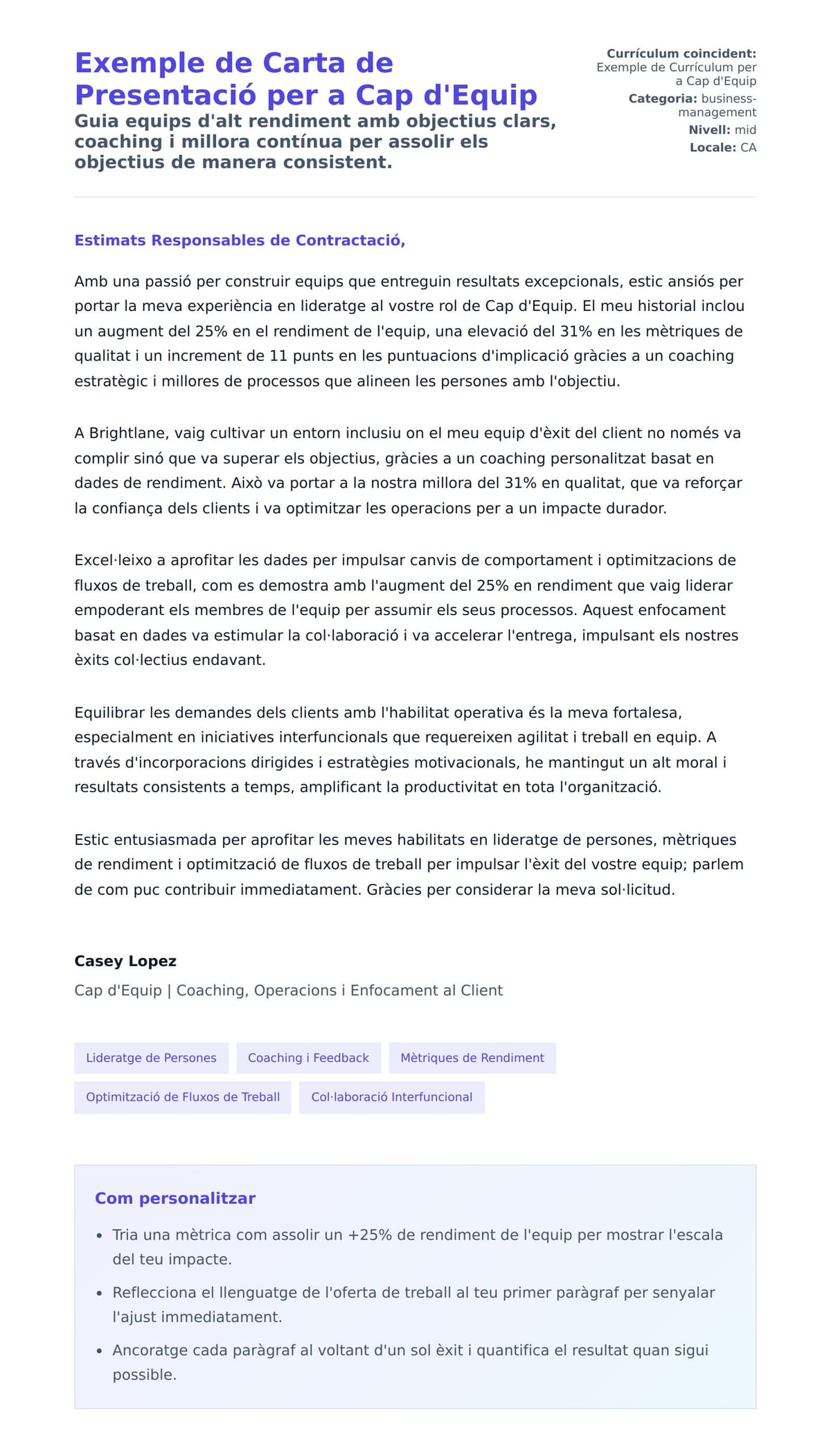 Previsualització de la carta de presentació per a Exemple de Carta de Presentació per a Cap d'Equip