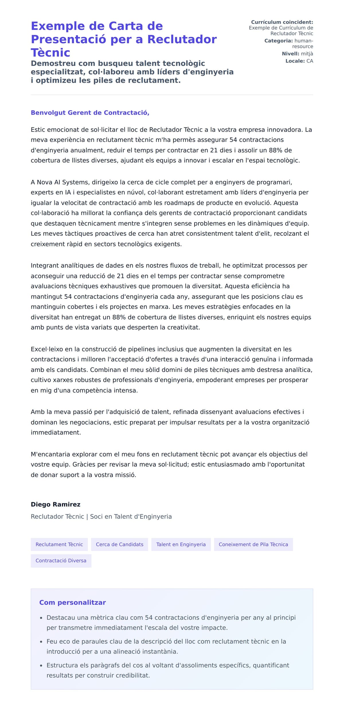 Previsualització de la carta de presentació per a Exemple de Carta de Presentació per a Reclutador Tècnic
