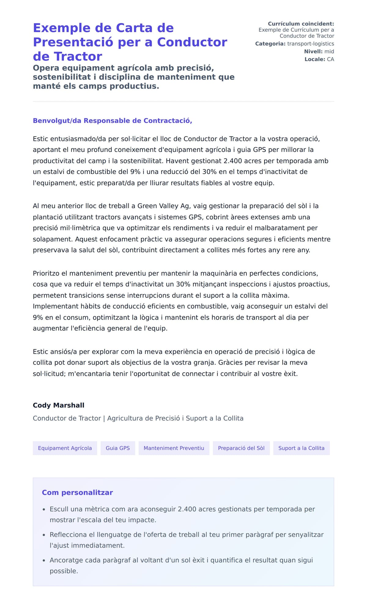 Previsualització de la carta de presentació per a Exemple de Carta de Presentació per a Conductor de Tractor