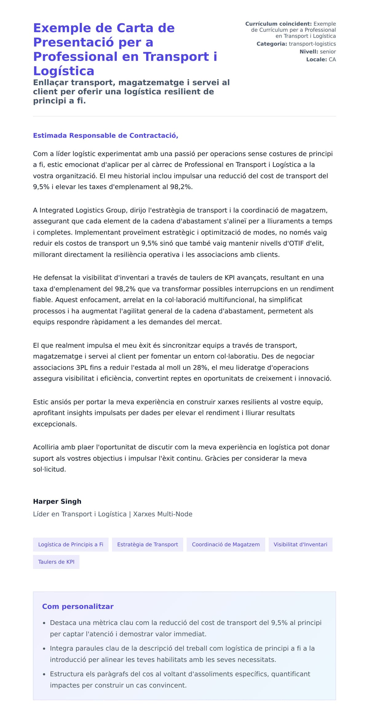 Previsualització de la carta de presentació per a Exemple de Carta de Presentació per a Professional en Transport i Logística