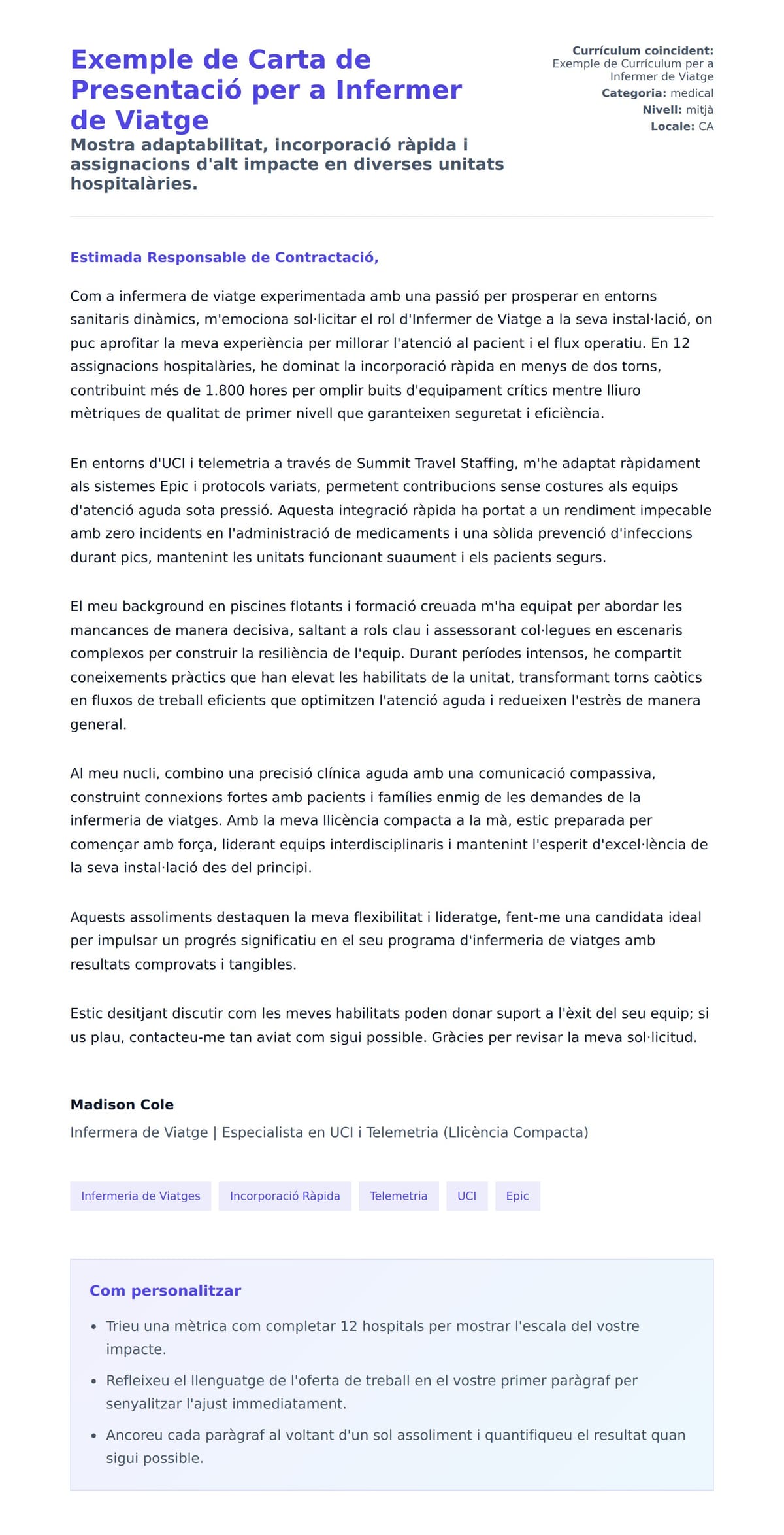 Previsualització de la carta de presentació per a Exemple de Carta de Presentació per a Infermer de Viatge