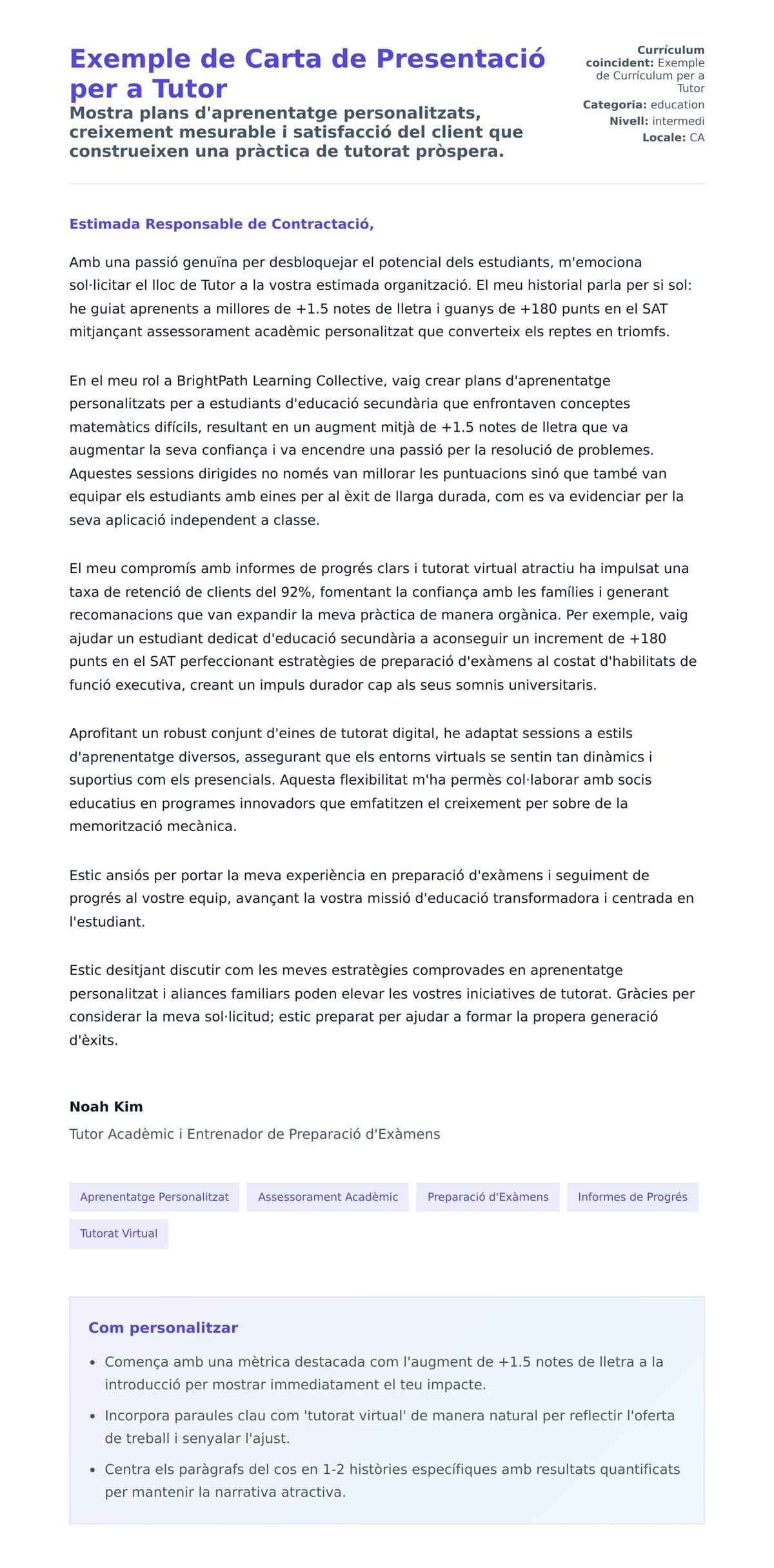 Previsualització de la carta de presentació per a Exemple de Carta de Presentació per a Tutor