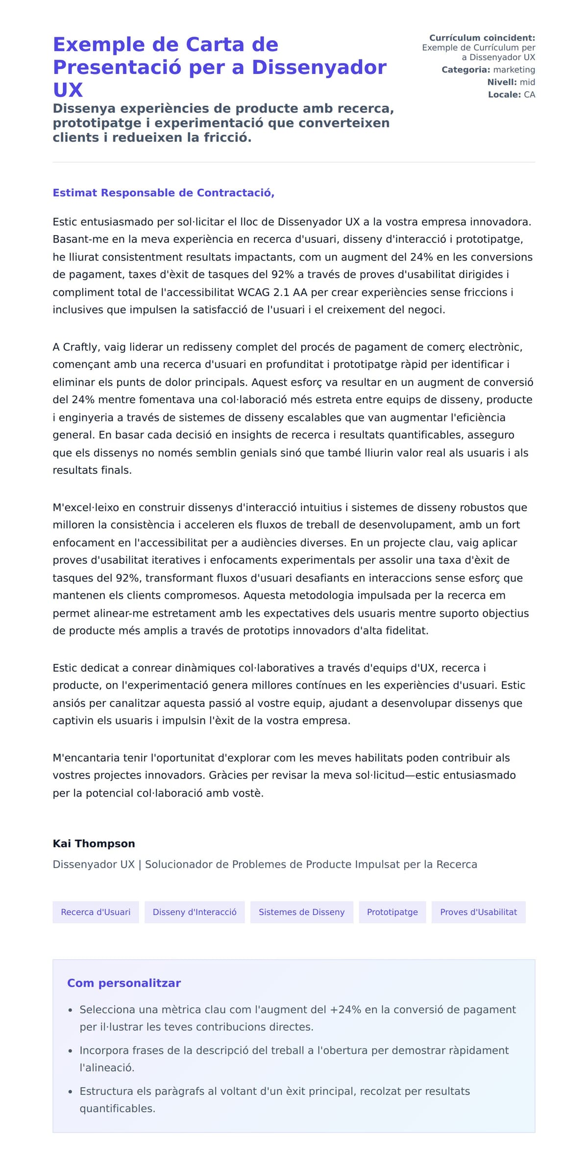 Previsualització de la carta de presentació per a Exemple de Carta de Presentació per a Dissenyador UX