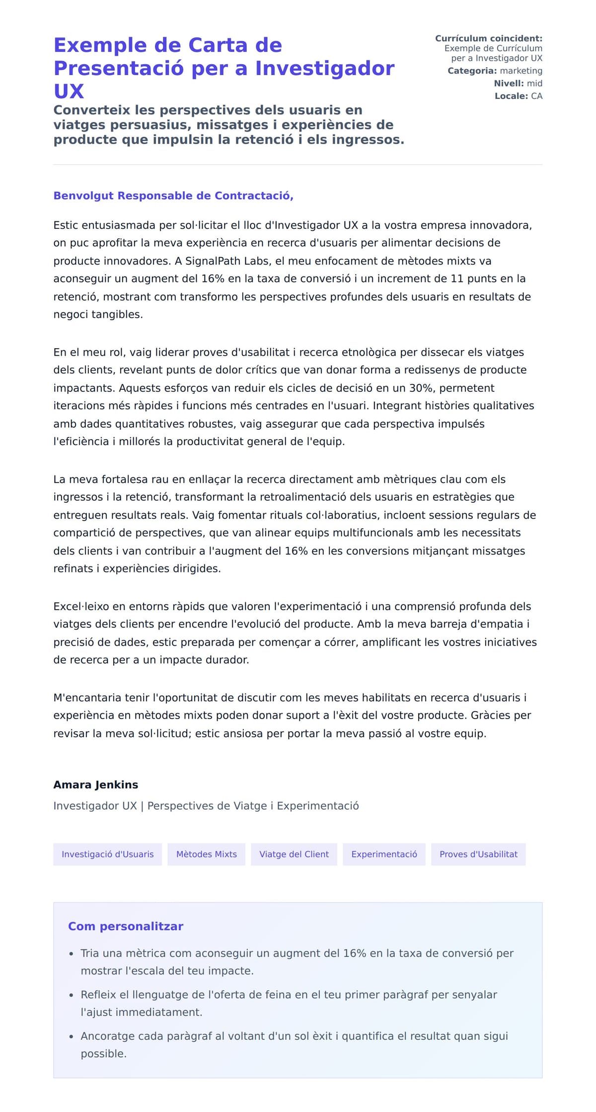 Previsualització de la carta de presentació per a Exemple de Carta de Presentació per a Investigador UX