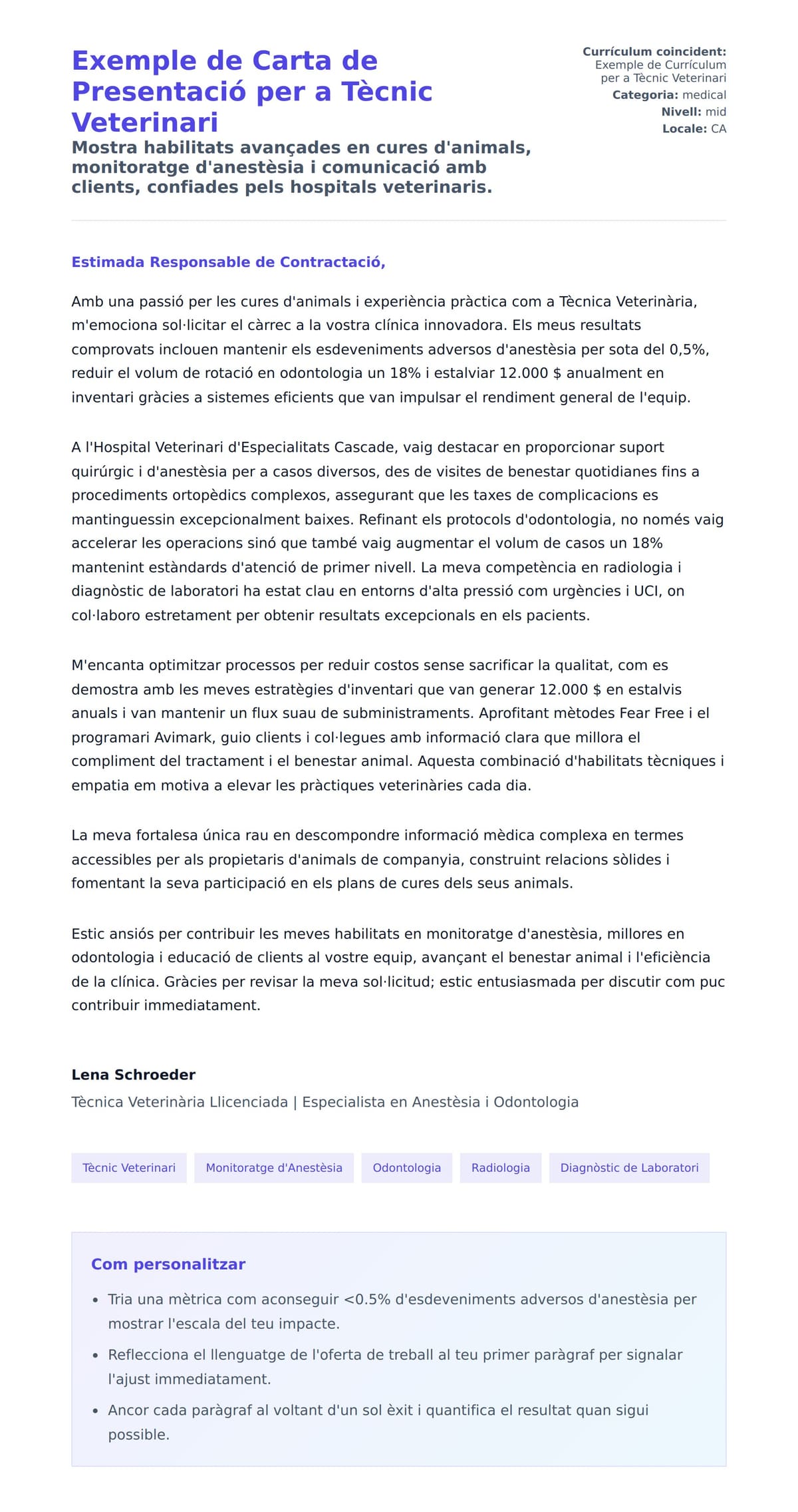 Previsualització de la carta de presentació per a Exemple de Carta de Presentació per a Tècnic Veterinari