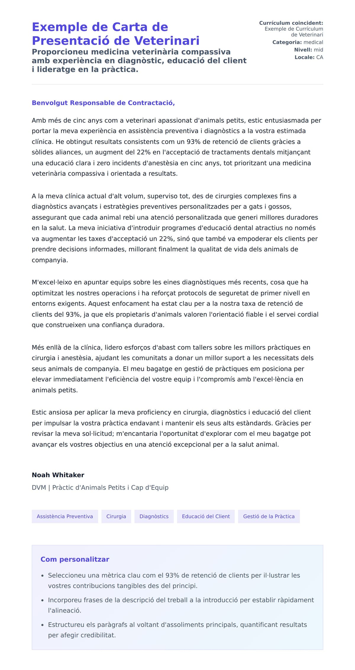 Previsualització de la carta de presentació per a Exemple de Carta de Presentació de Veterinari