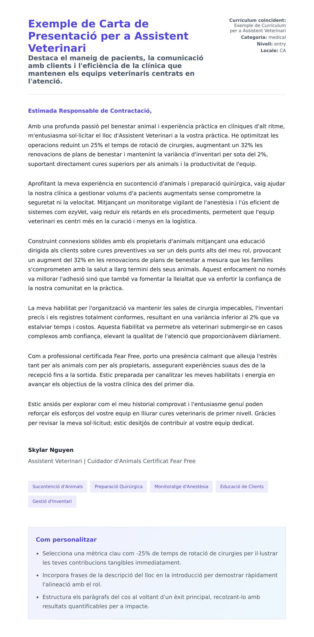 Previsualització de la carta de presentació per a Exemple de Carta de Presentació per a Assistent Veterinari
