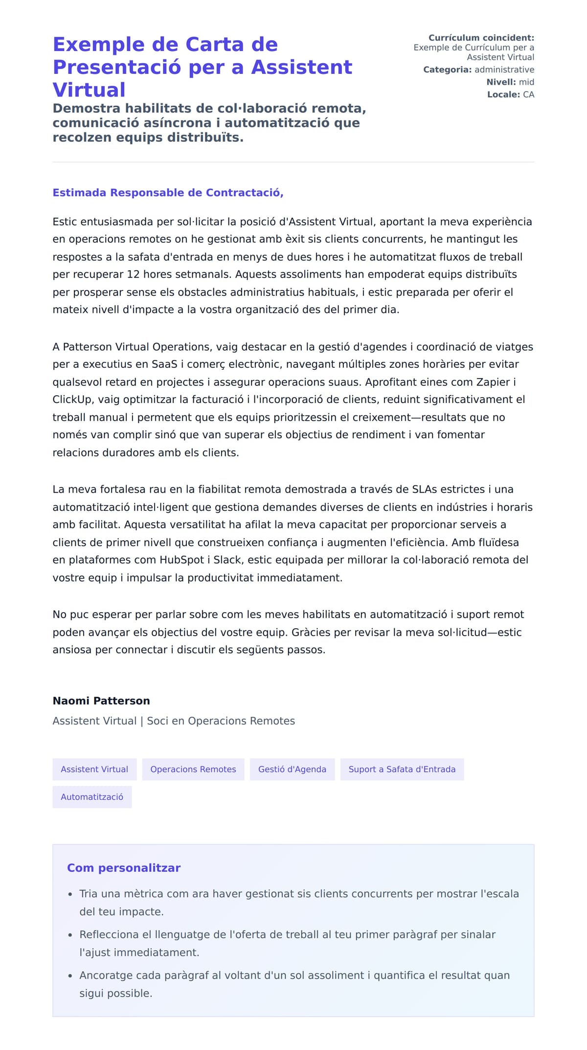 Previsualització de la carta de presentació per a Exemple de Carta de Presentació per a Assistent Virtual