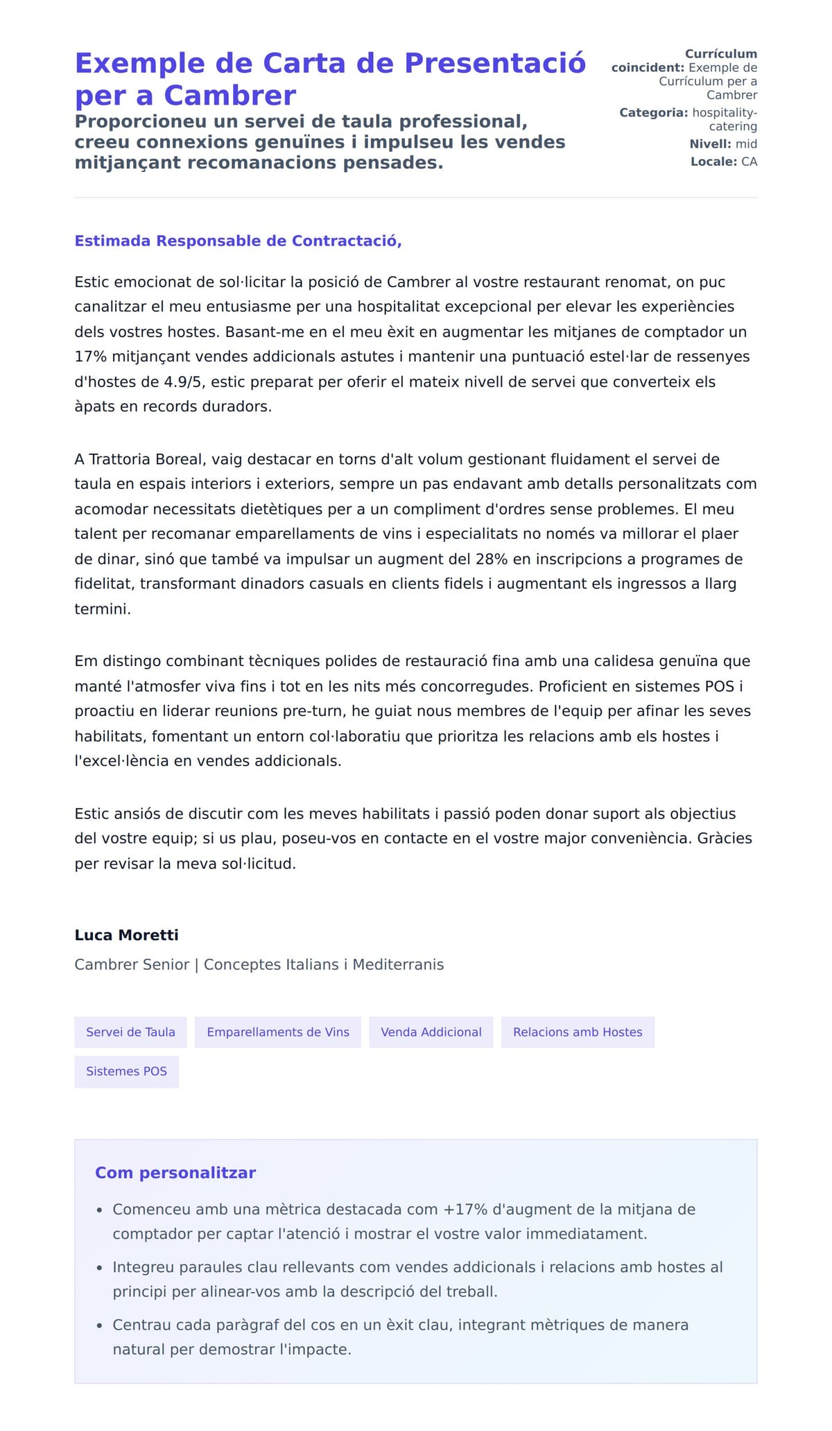 Previsualització de la carta de presentació per a Exemple de Carta de Presentació per a Cambrer