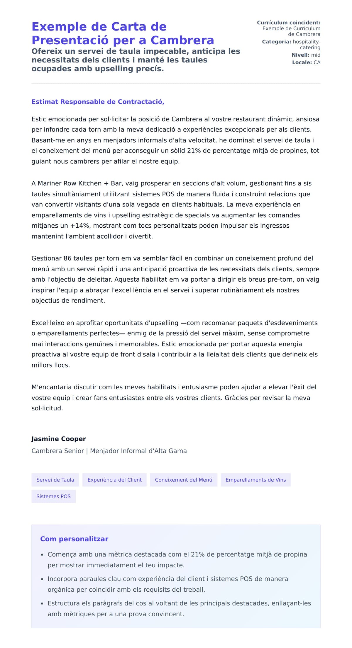 Previsualització de la carta de presentació per a Exemple de Carta de Presentació per a Cambrera