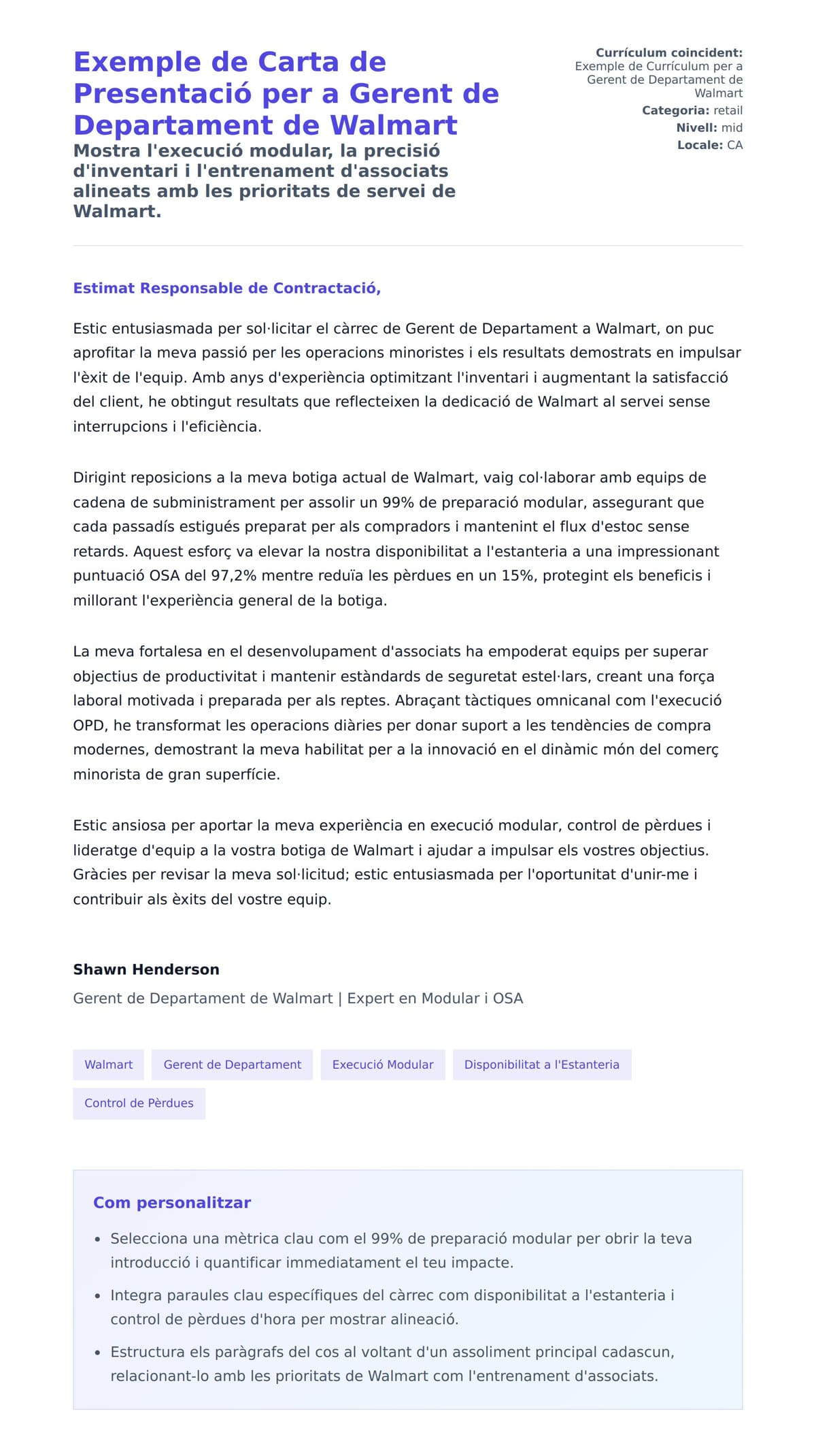 Previsualització de la carta de presentació per a Exemple de Carta de Presentació per a Gerent de Departament de Walmart