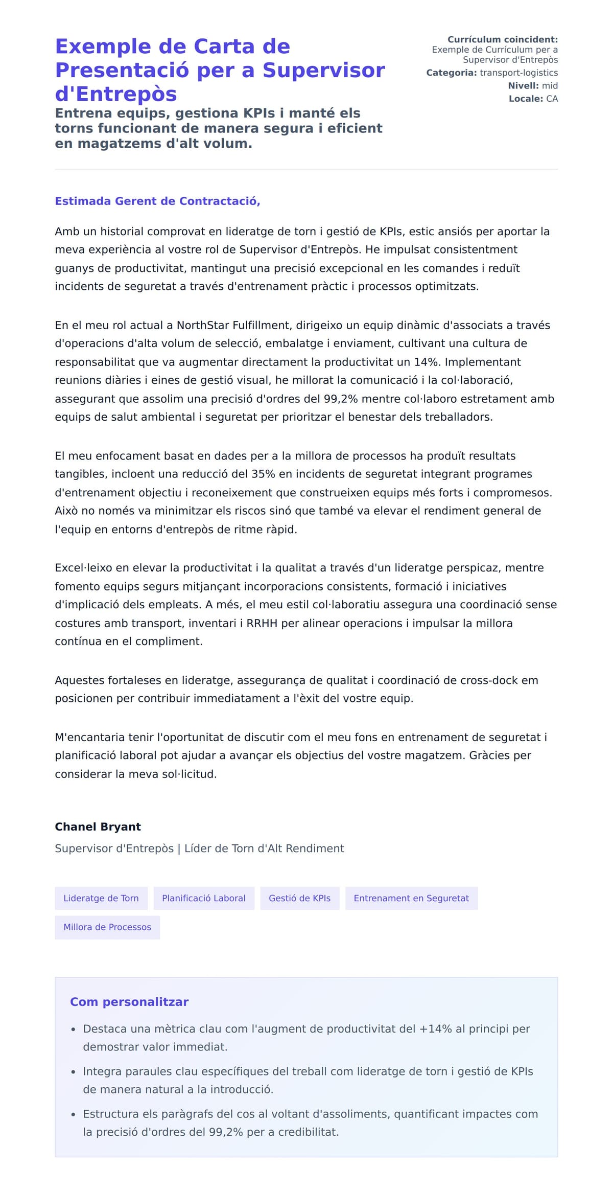 Previsualització de la carta de presentació per a Exemple de Carta de Presentació per a Supervisor d'Entrepòs