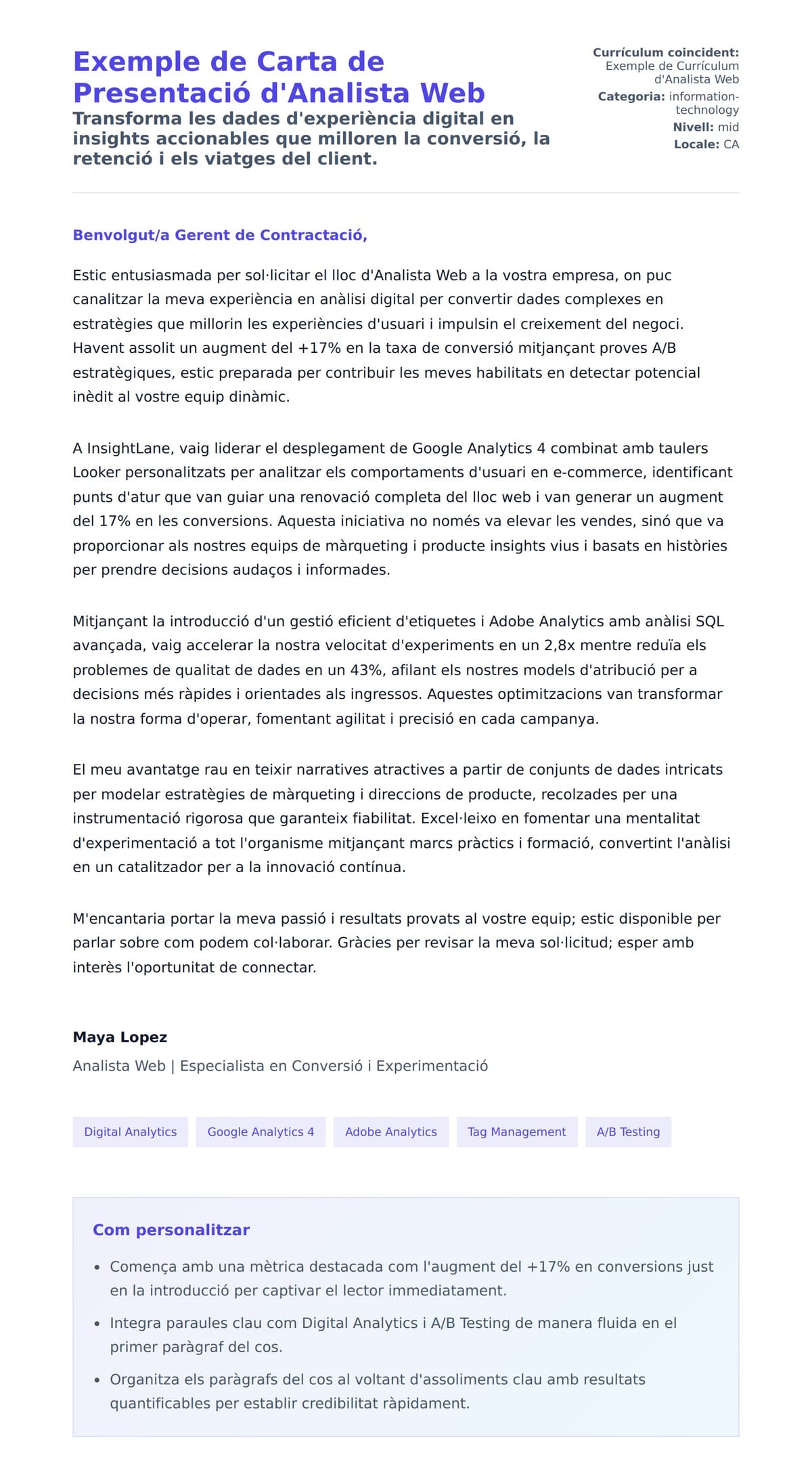 Previsualització de la carta de presentació per a Exemple de Carta de Presentació d'Analista Web