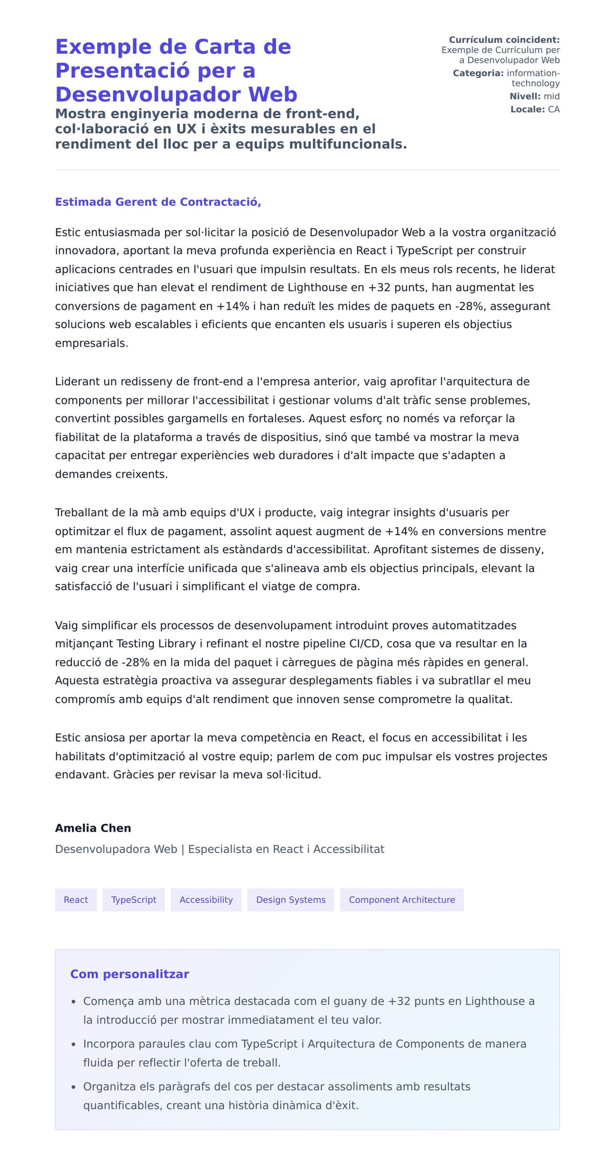 Previsualització de la carta de presentació per a Exemple de Carta de Presentació per a Desenvolupador Web