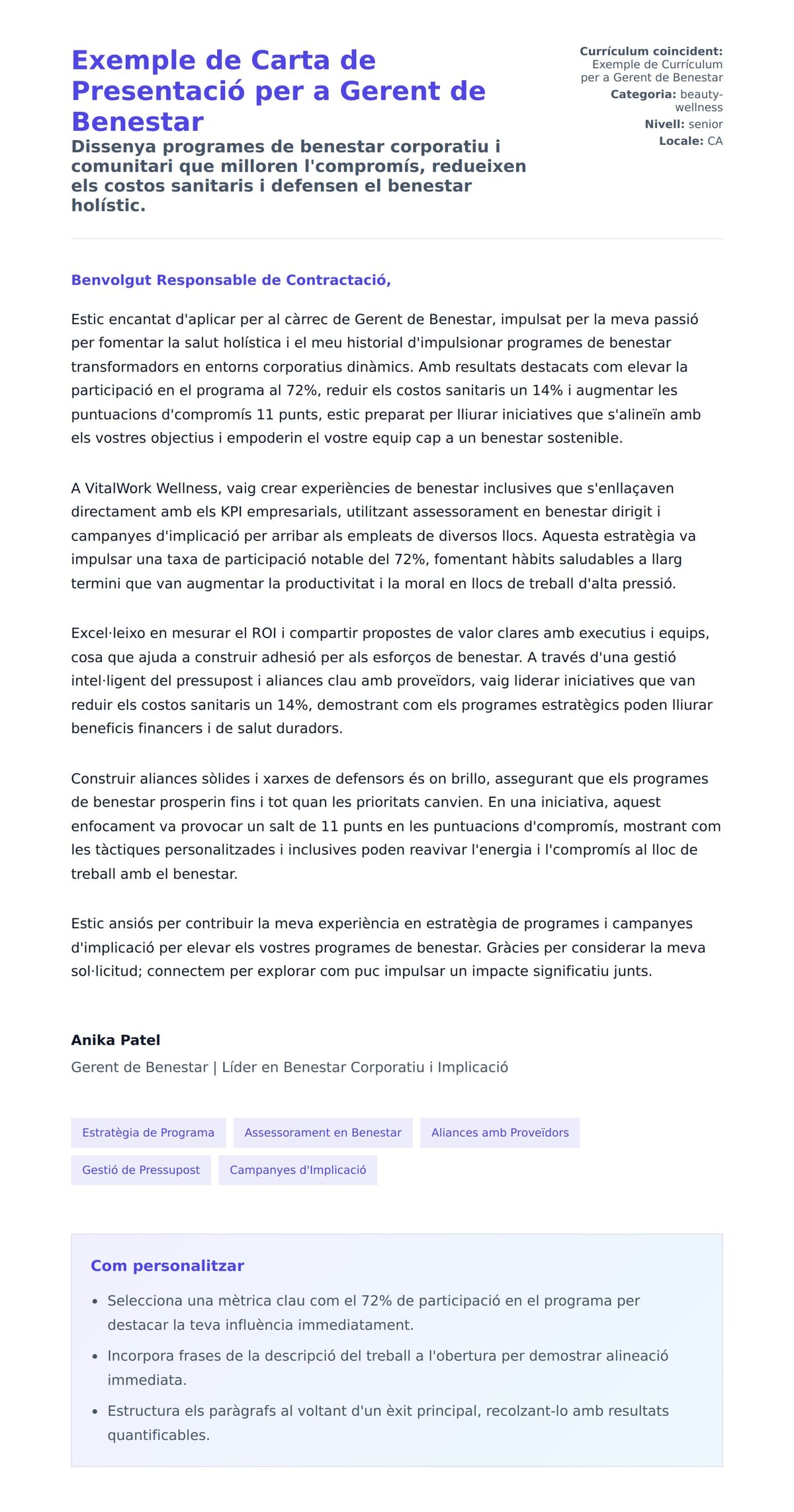 Previsualització de la carta de presentació per a Exemple de Carta de Presentació per a Gerent de Benestar