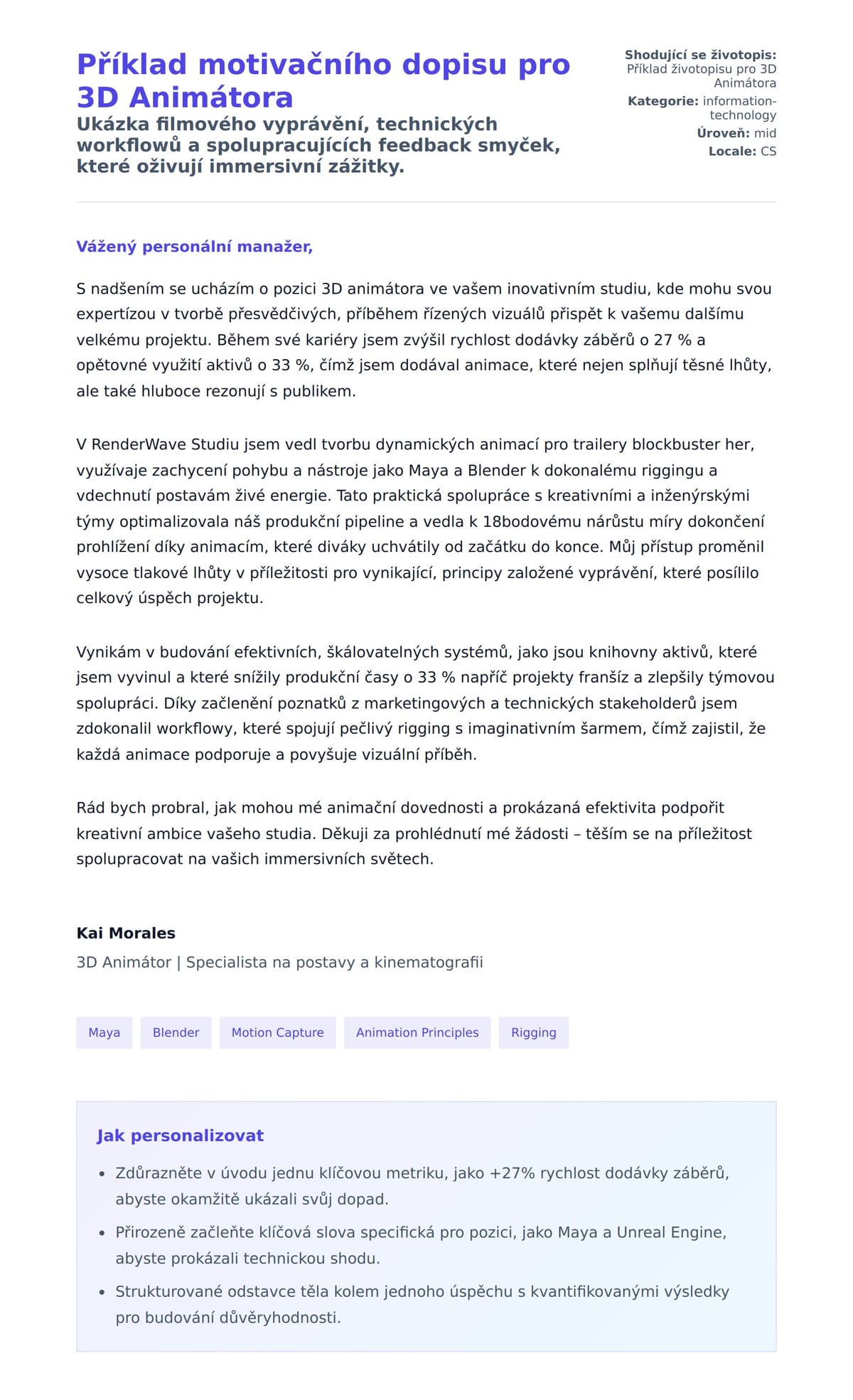 Náhled motivačního dopisu pro Příklad motivačního dopisu pro 3D Animátora