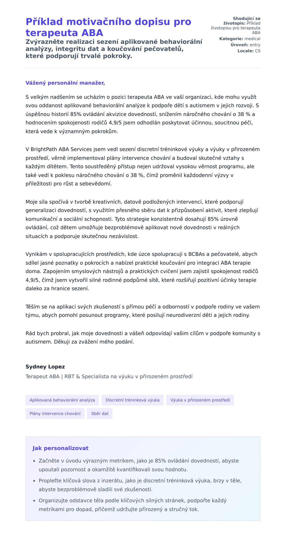 Náhled motivačního dopisu pro Příklad motivačního dopisu pro terapeuta ABA