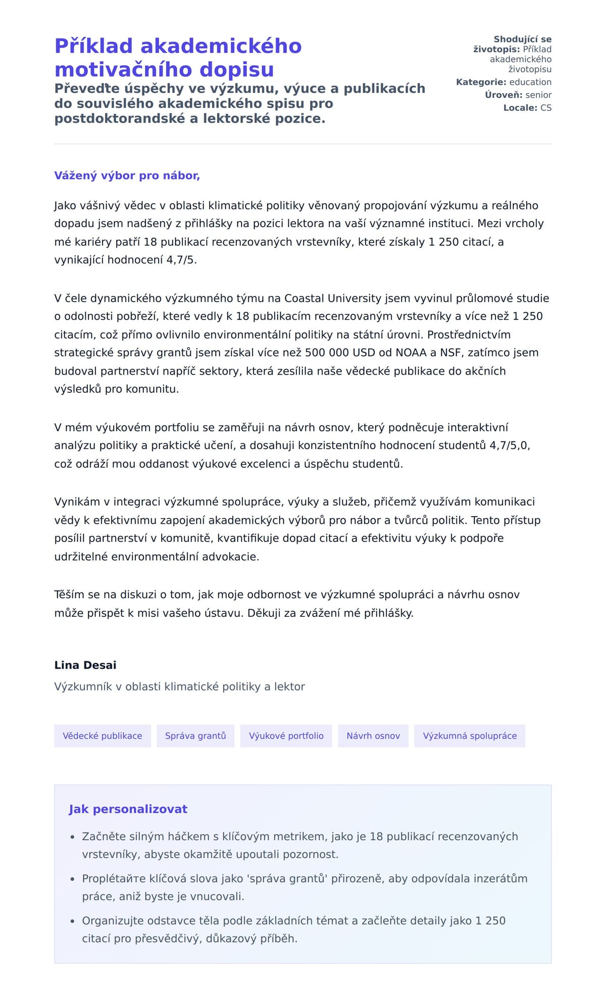 Náhled motivačního dopisu pro Příklad akademického motivačního dopisu