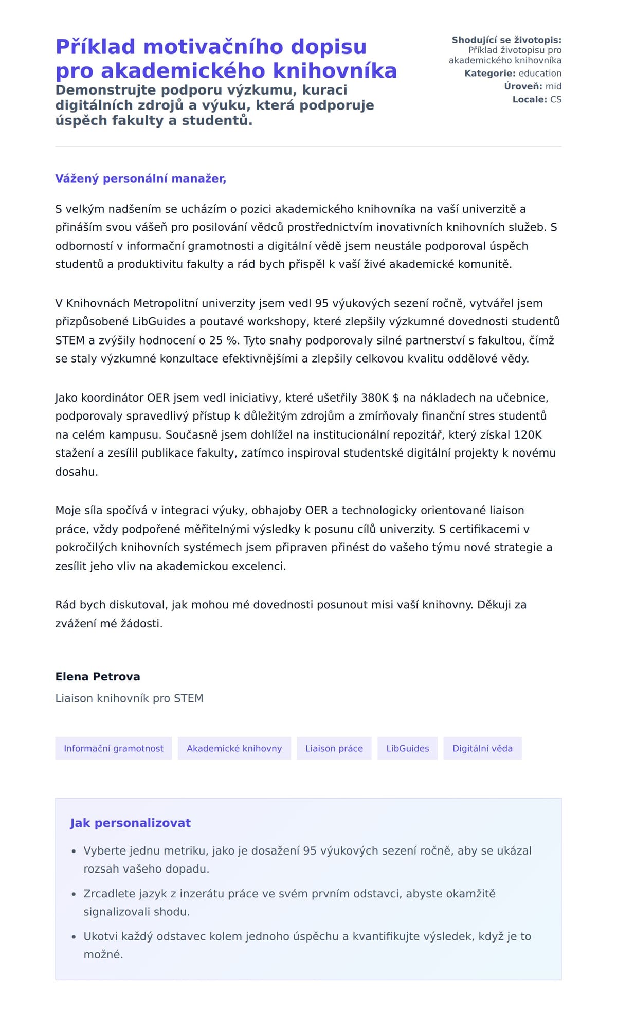 Náhled motivačního dopisu pro Příklad motivačního dopisu pro akademického knihovníka